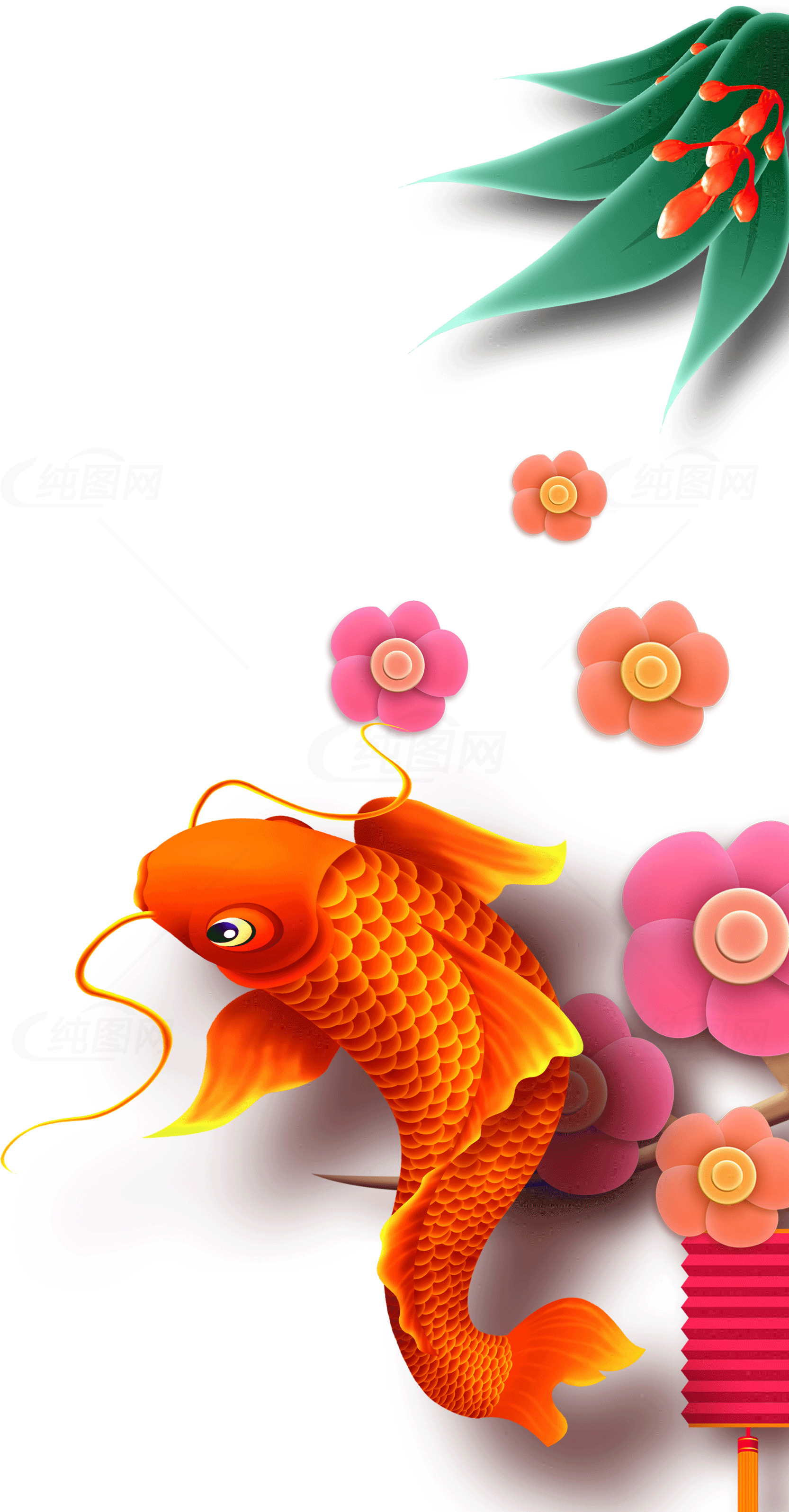 锦鲤与花卉的唯美插画设计素材