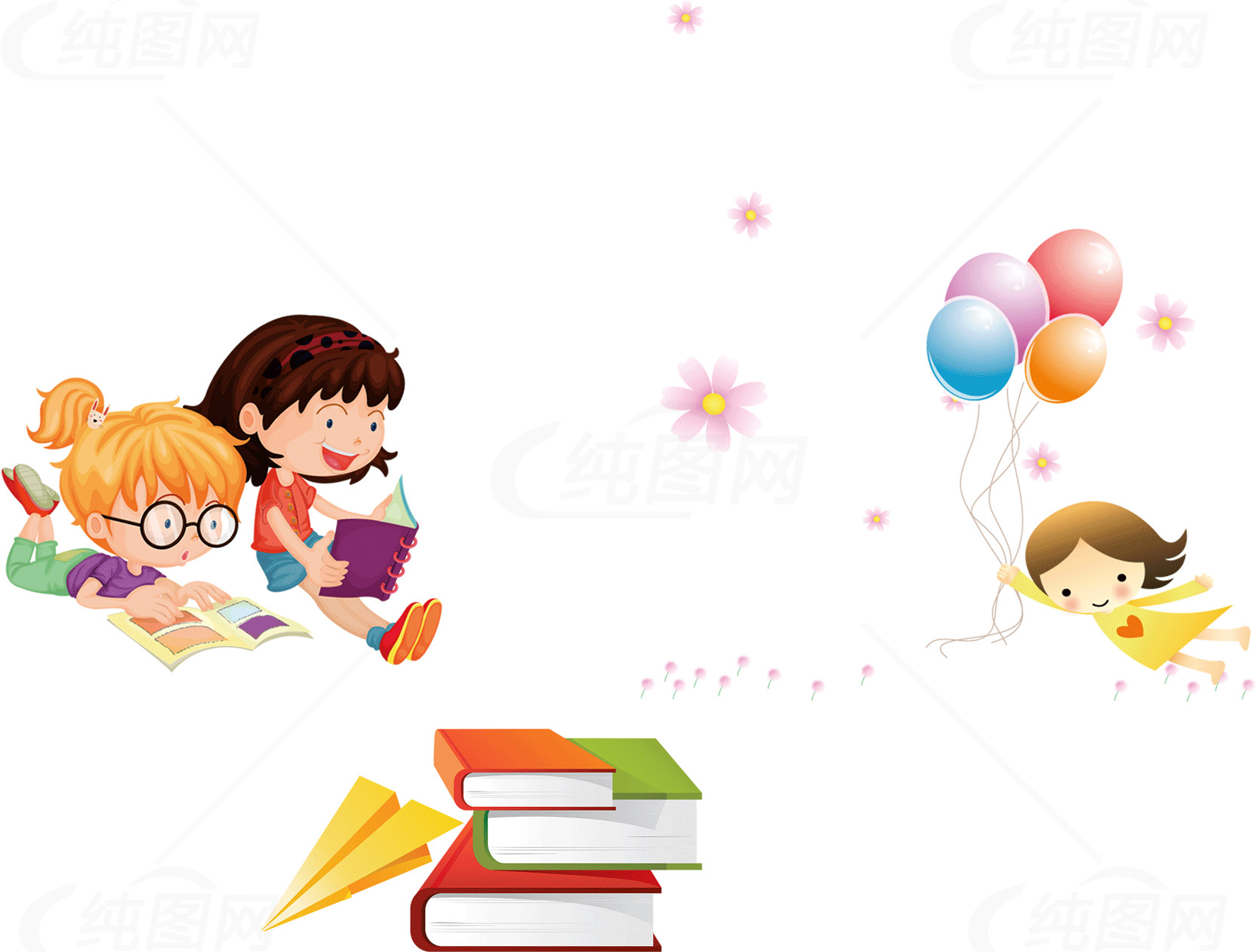 儿童读书和玩耍的卡通插画素材
