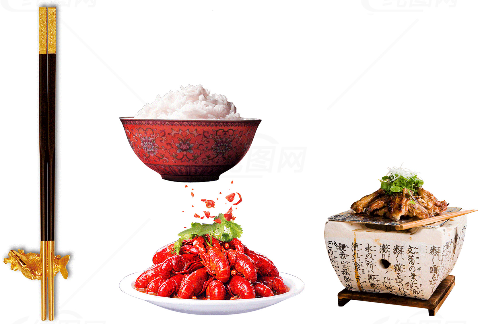 美味的中式美食：小龙虾、米饭和烤肉素材