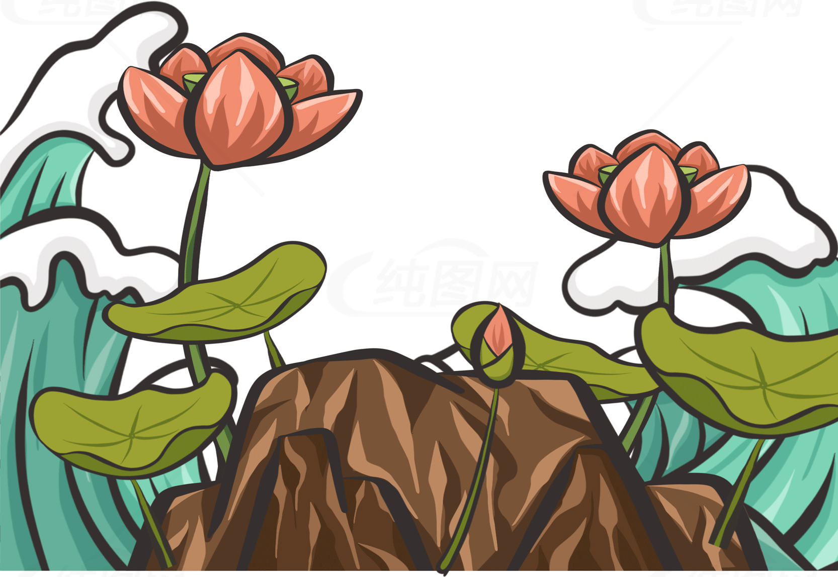 荷花与山石插画设计素材