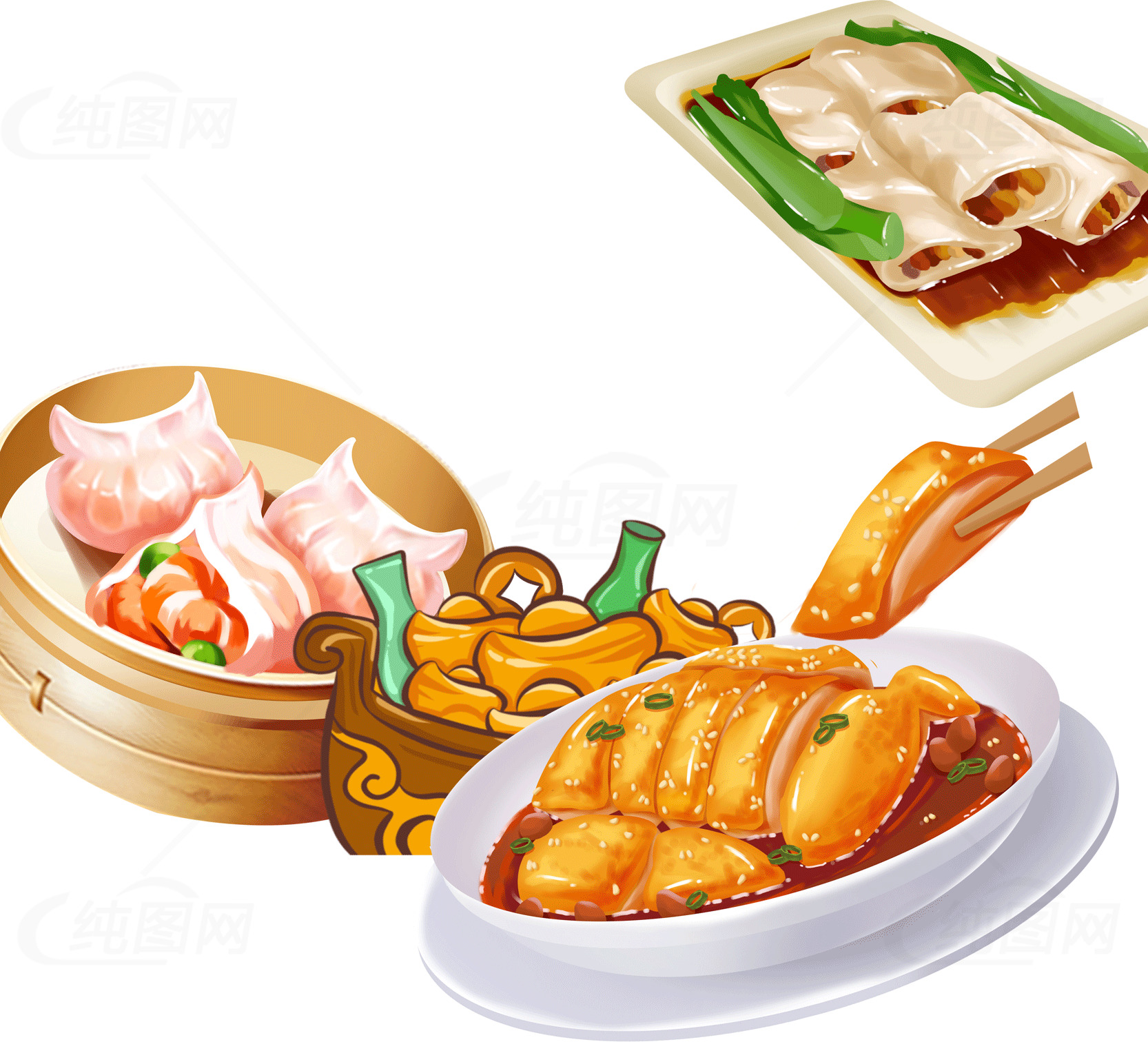 美味的中式点心合集：虾饺、肠粉和烧卖素材
