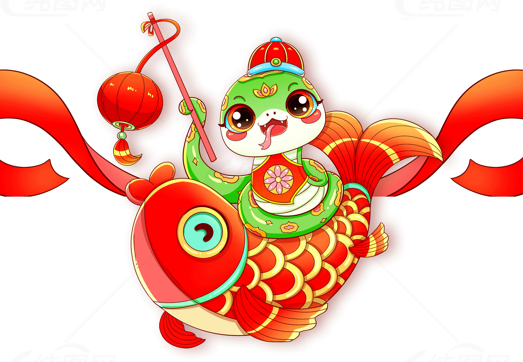可爱卡通鱼和灯笼的中国新年插画素材