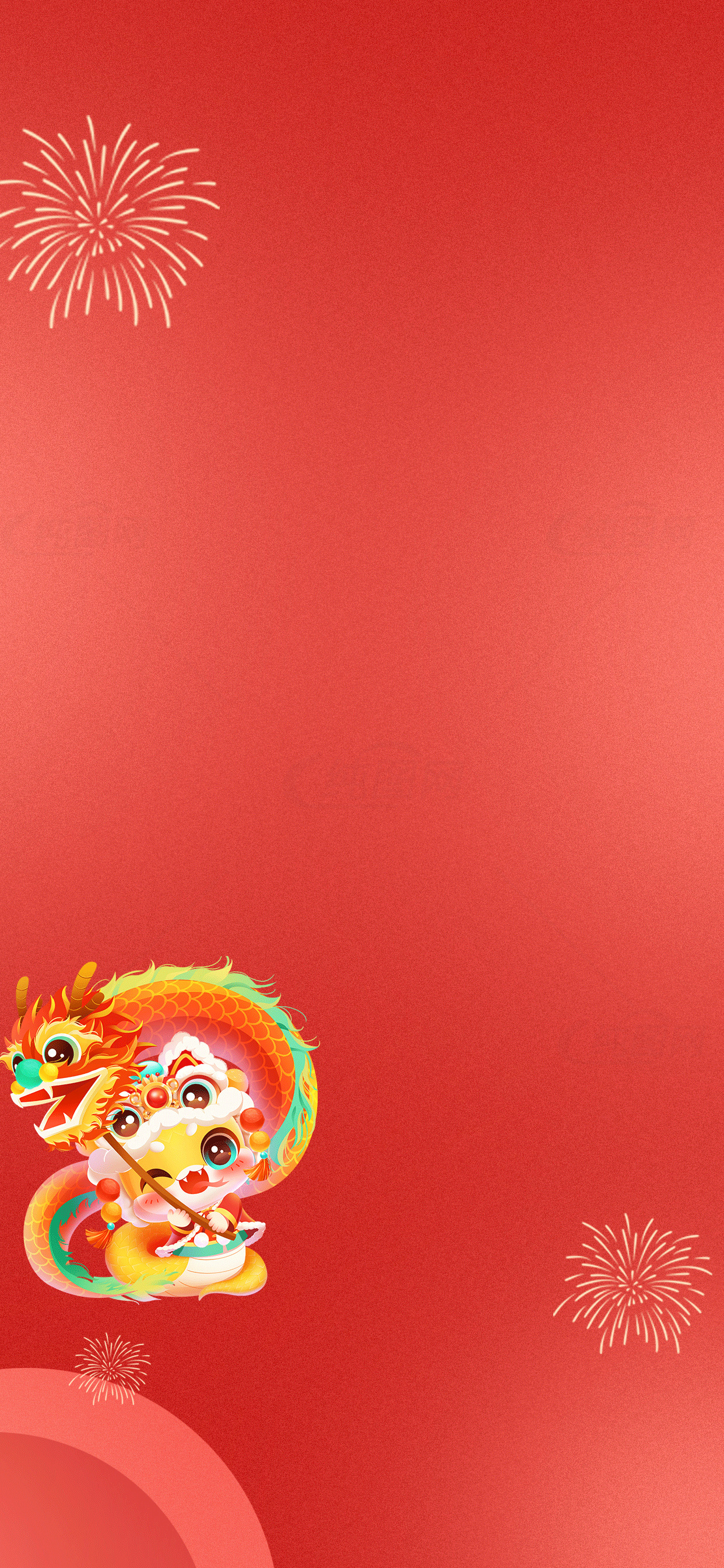 春节红色背景图片：卡通舞龙与烟花设计素材