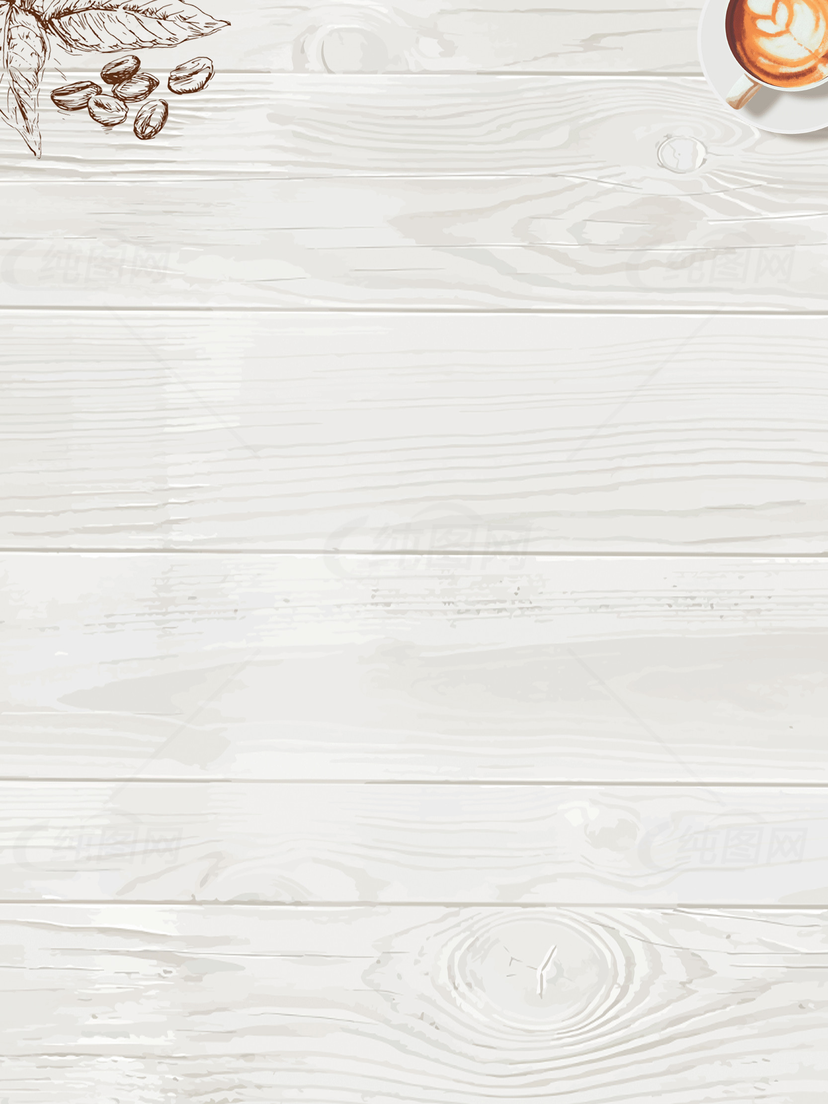 白色木质背景上的咖啡杯和咖啡豆图片素材