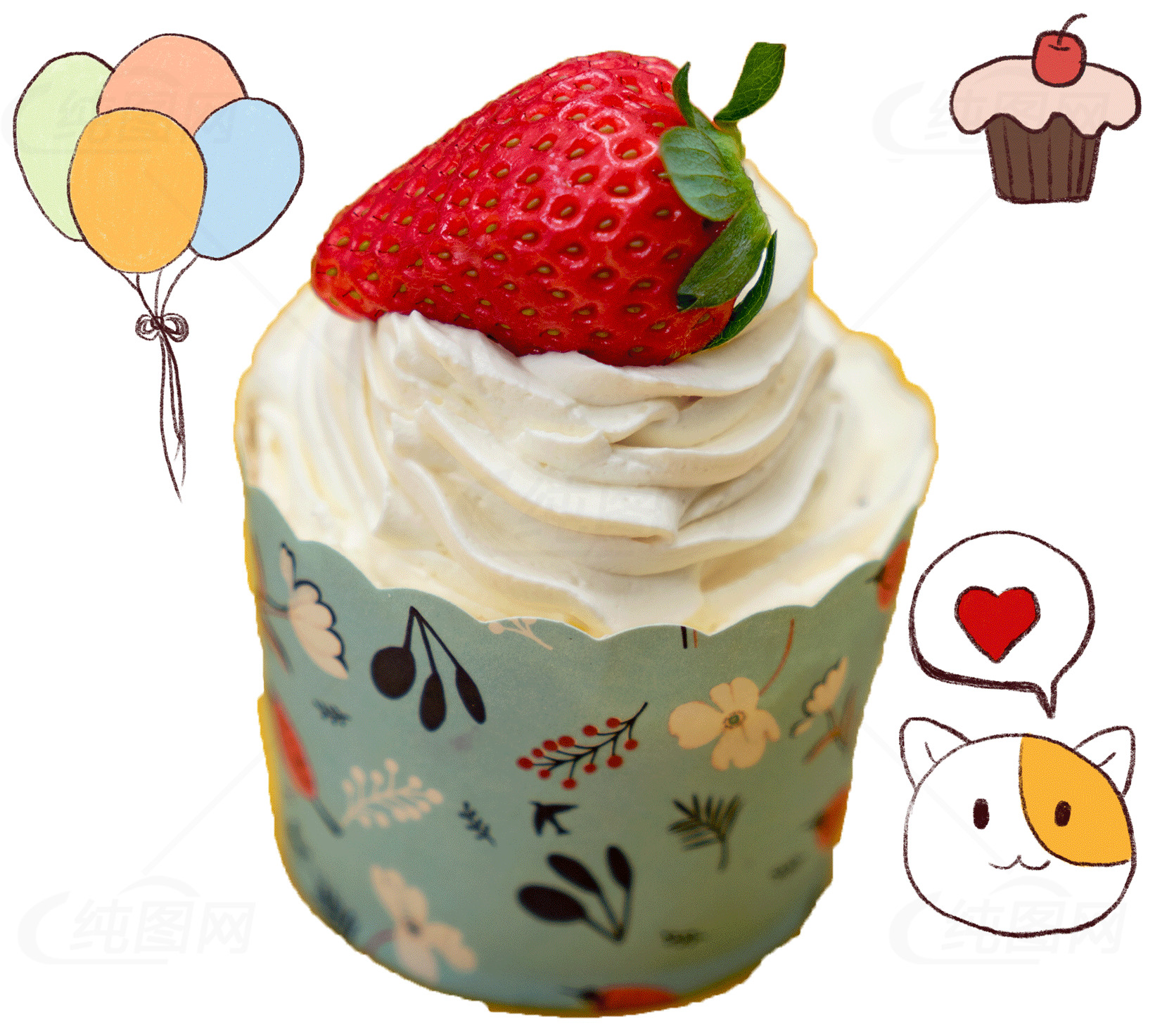 草莓奶油杯子蛋糕图片 - 可爱卡通装饰素材