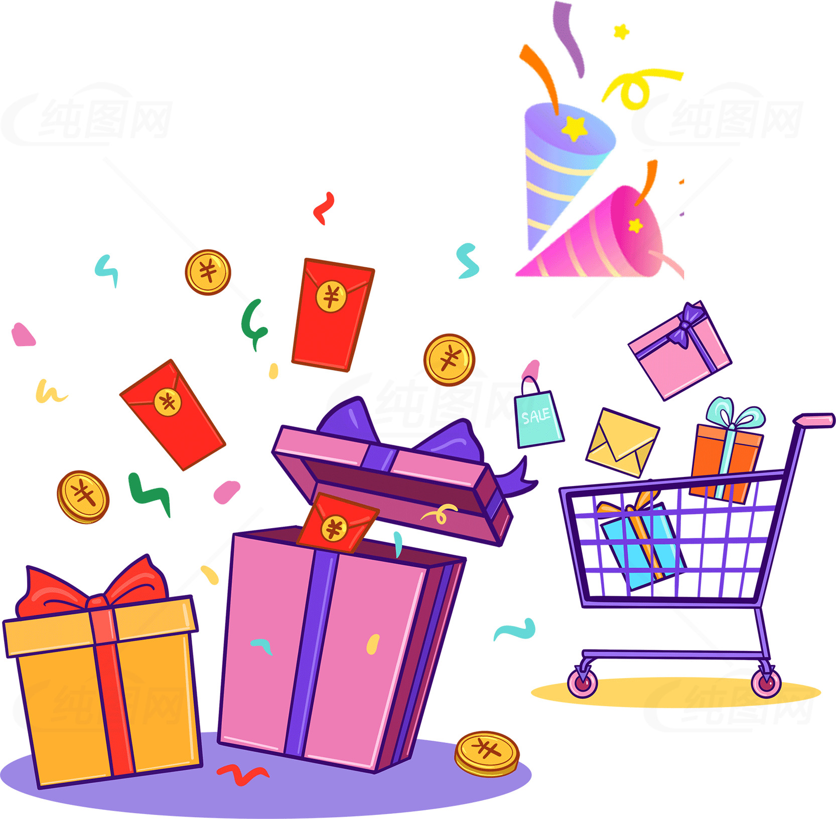 购物节礼物狂欢：优惠与惊喜齐飞素材