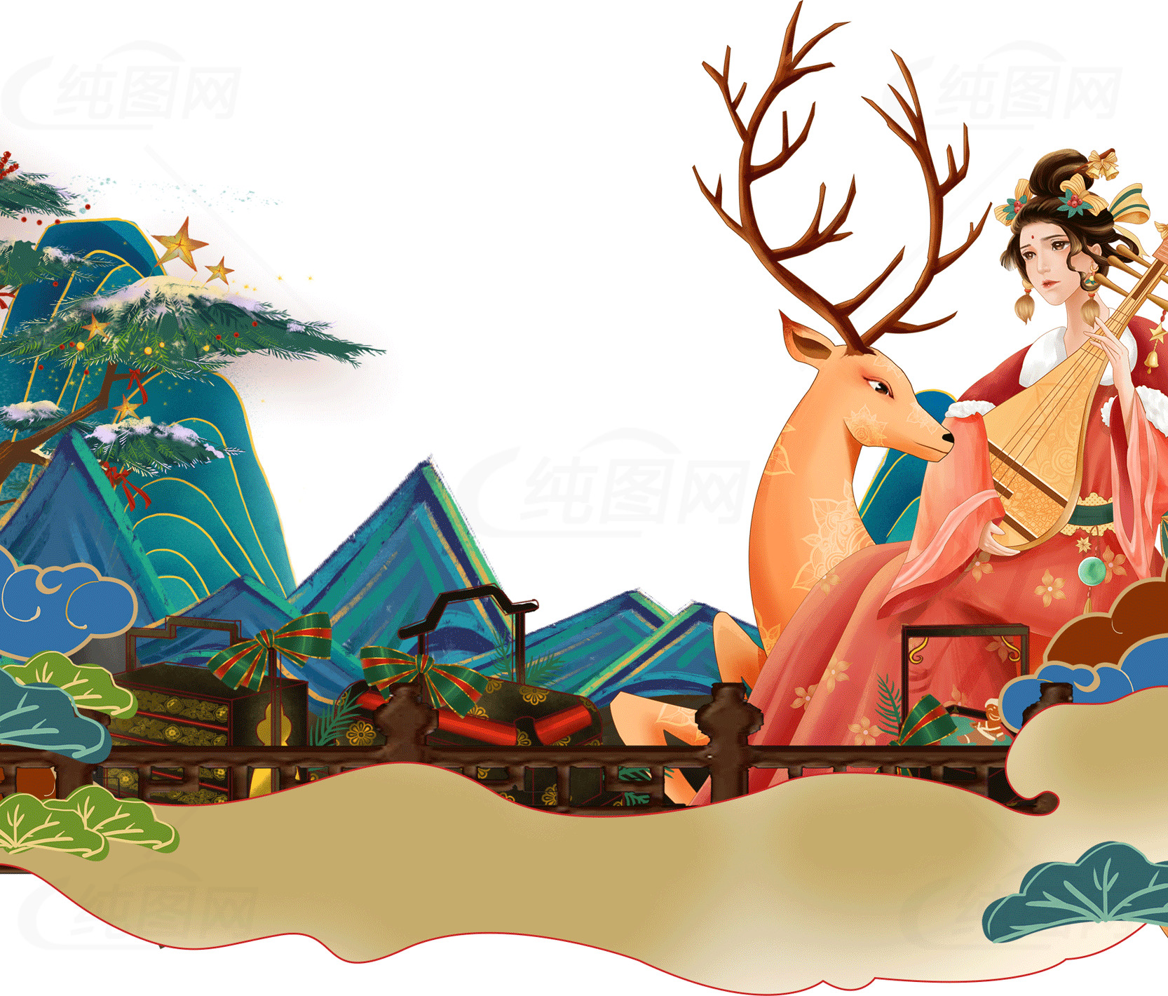 中国传统文化插画：古代女子与鹿素材