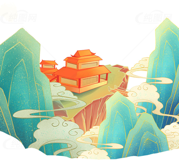 古风山水插画：仙境中的宫殿素材