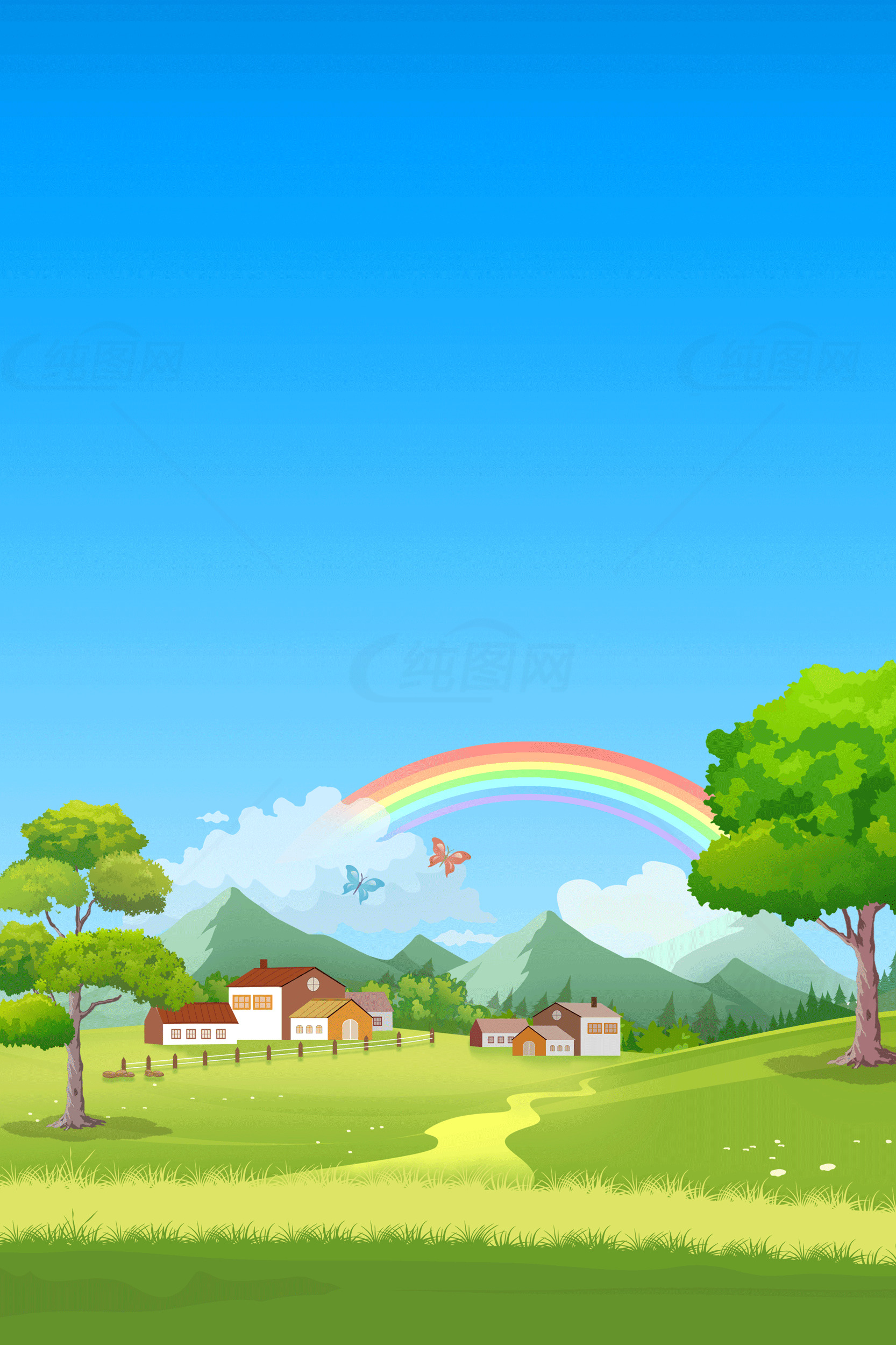 美丽的乡村风景插画：彩虹与蓝天素材