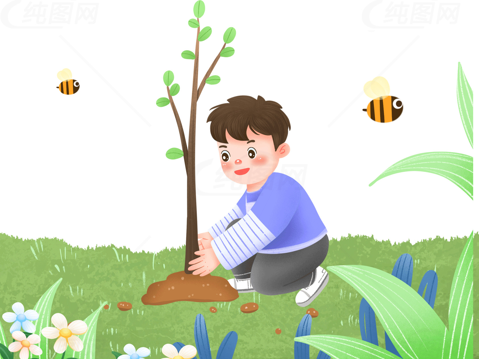 儿童植树活动插画素材