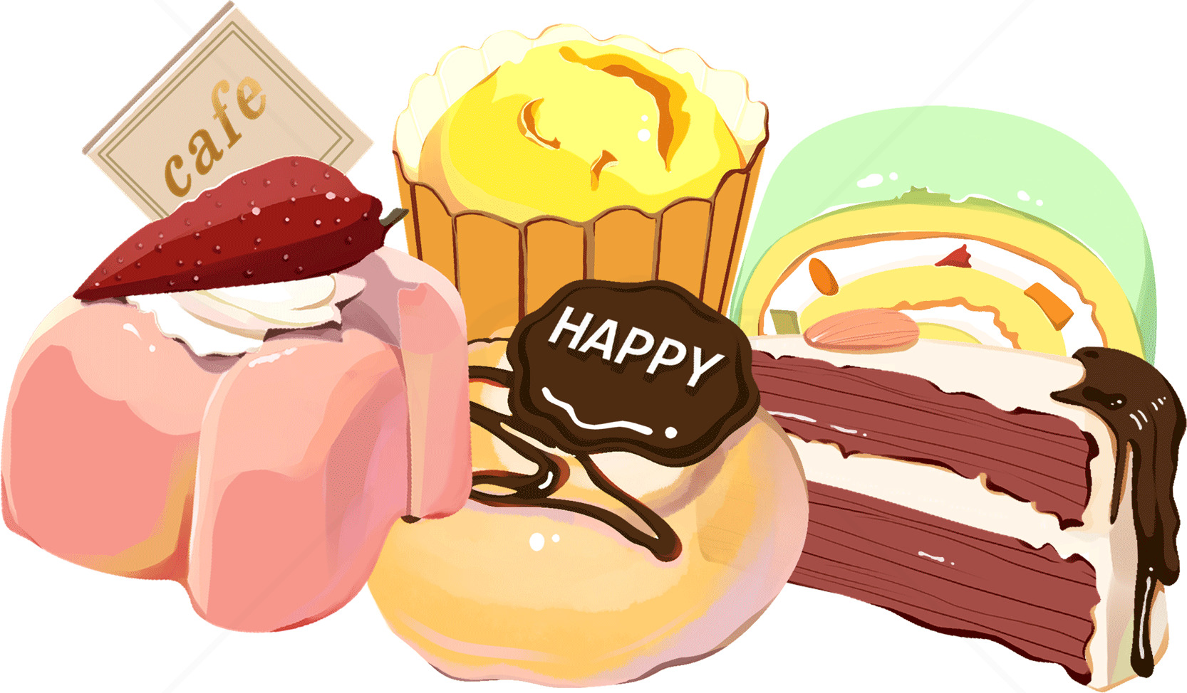 美味甜点插画：蛋糕、甜甜圈和卷蛋糕素材