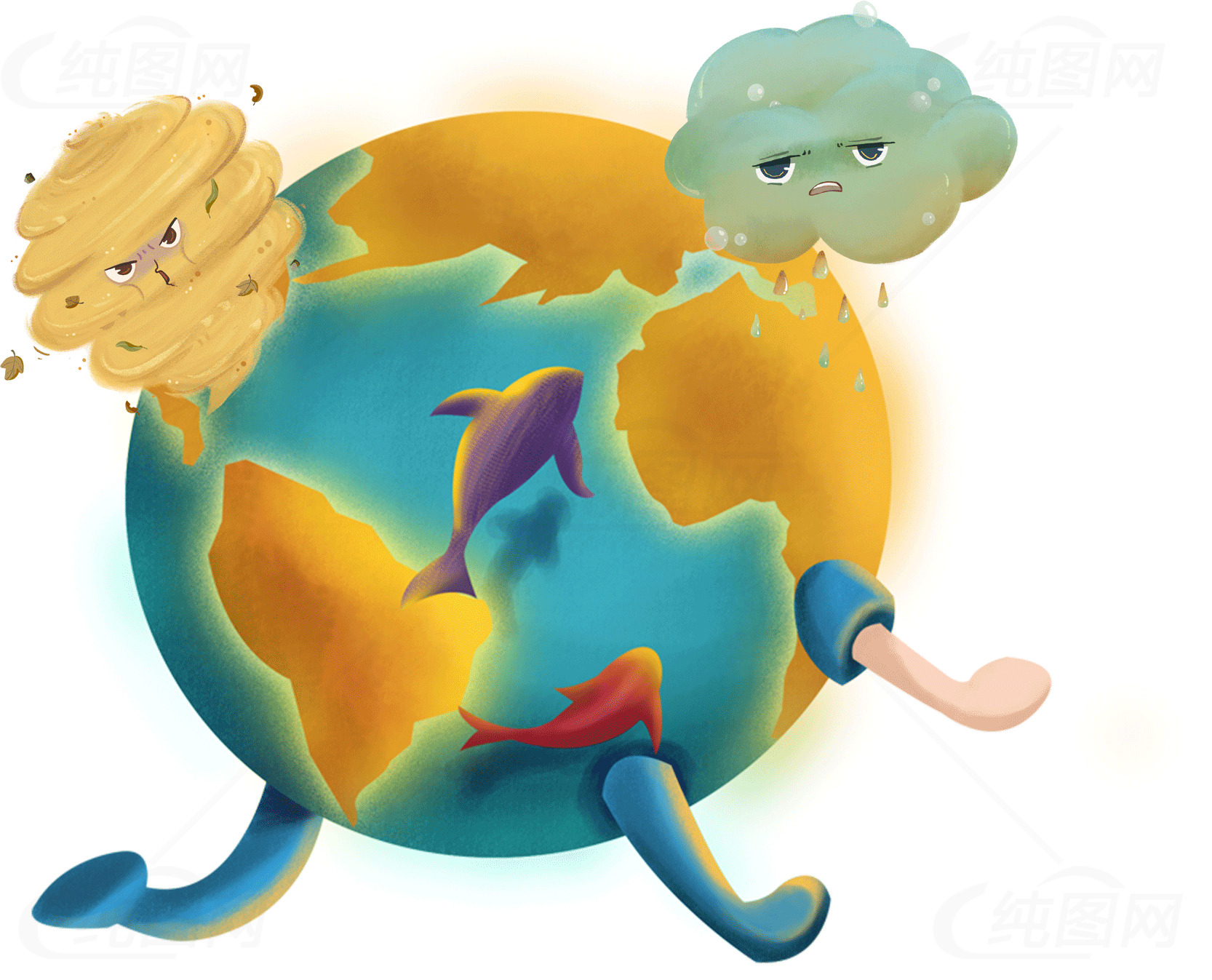 地球拟人化插画：天气与海洋生物的互动素材