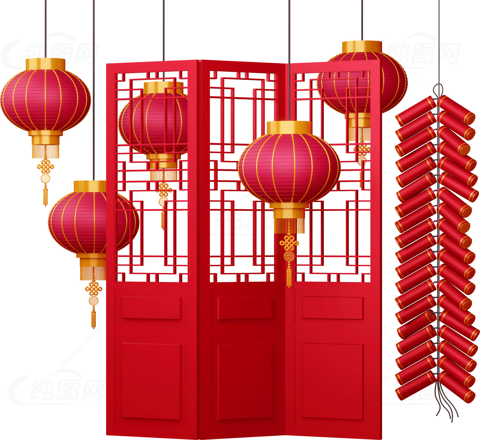 中国新年装饰：红色灯笼与鞭炮背景素材