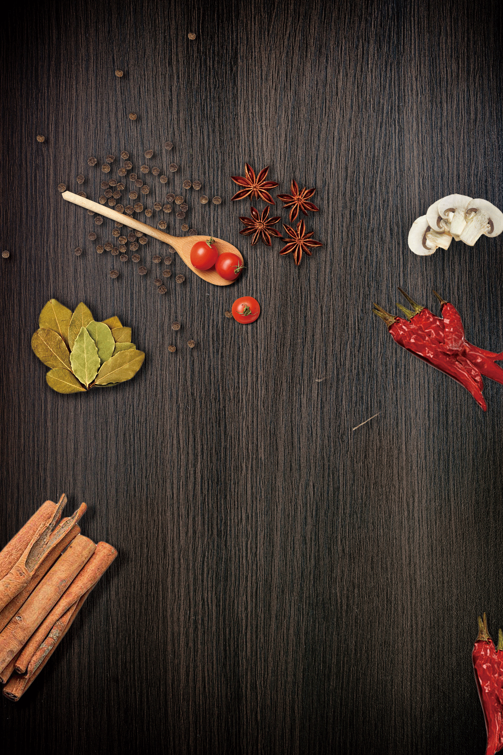 美食摄影：木质背景上的香料和食材素材