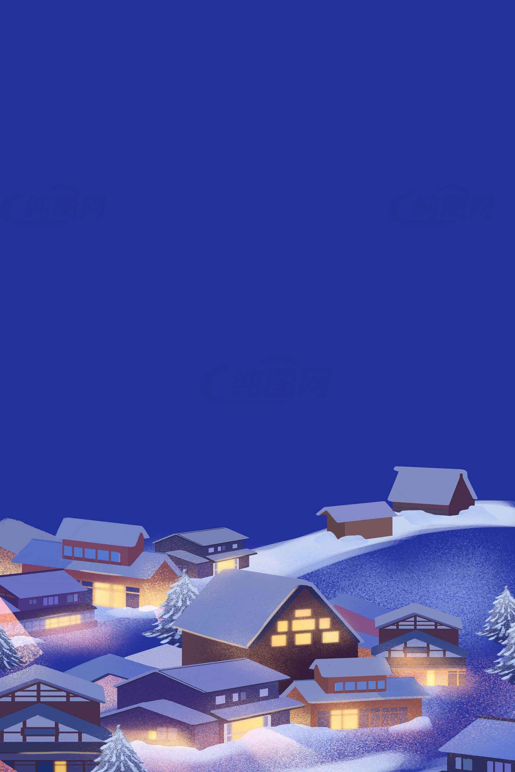 冬季雪景插画：温暖灯光点缀的夜晚村庄素材