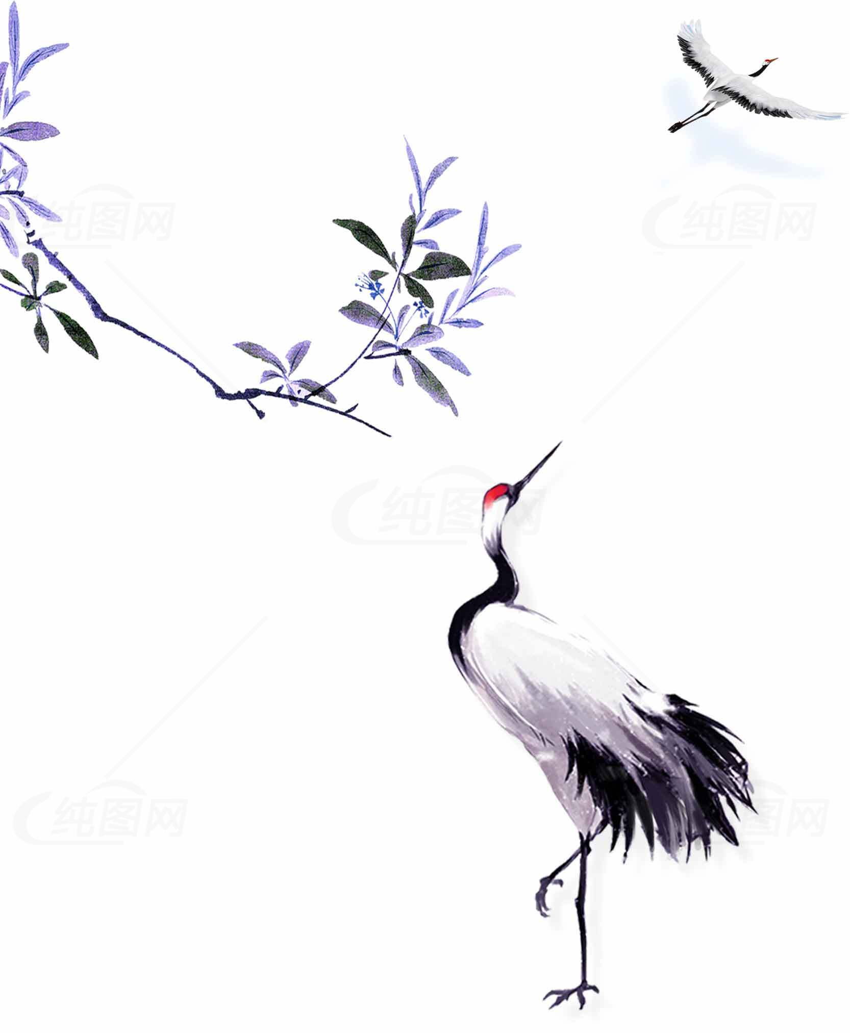 中国水墨画仙鹤与紫色花枝素材