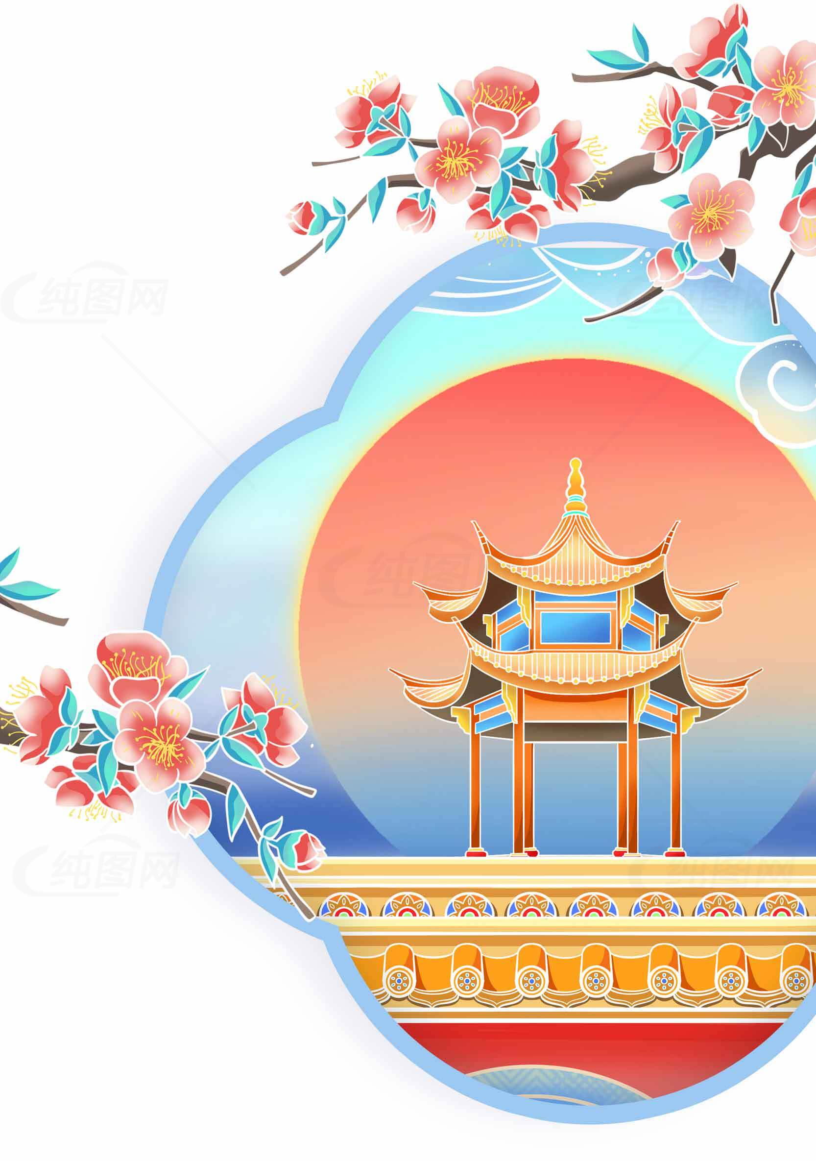 中国传统建筑与樱花插画素材