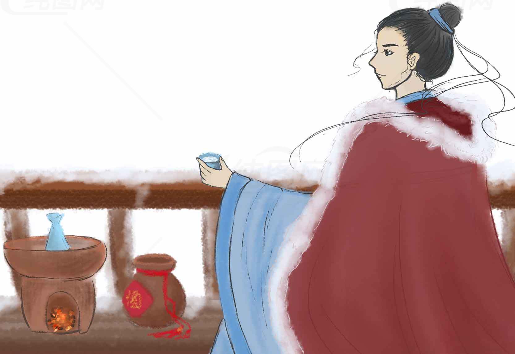 古代女子冬季饮酒图素材