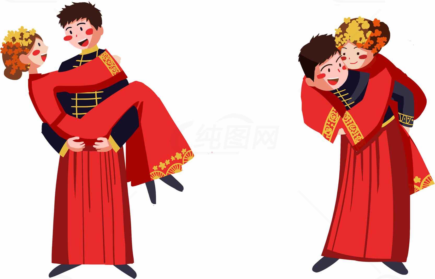 中国传统婚礼插画：新郎新娘幸福时刻素材