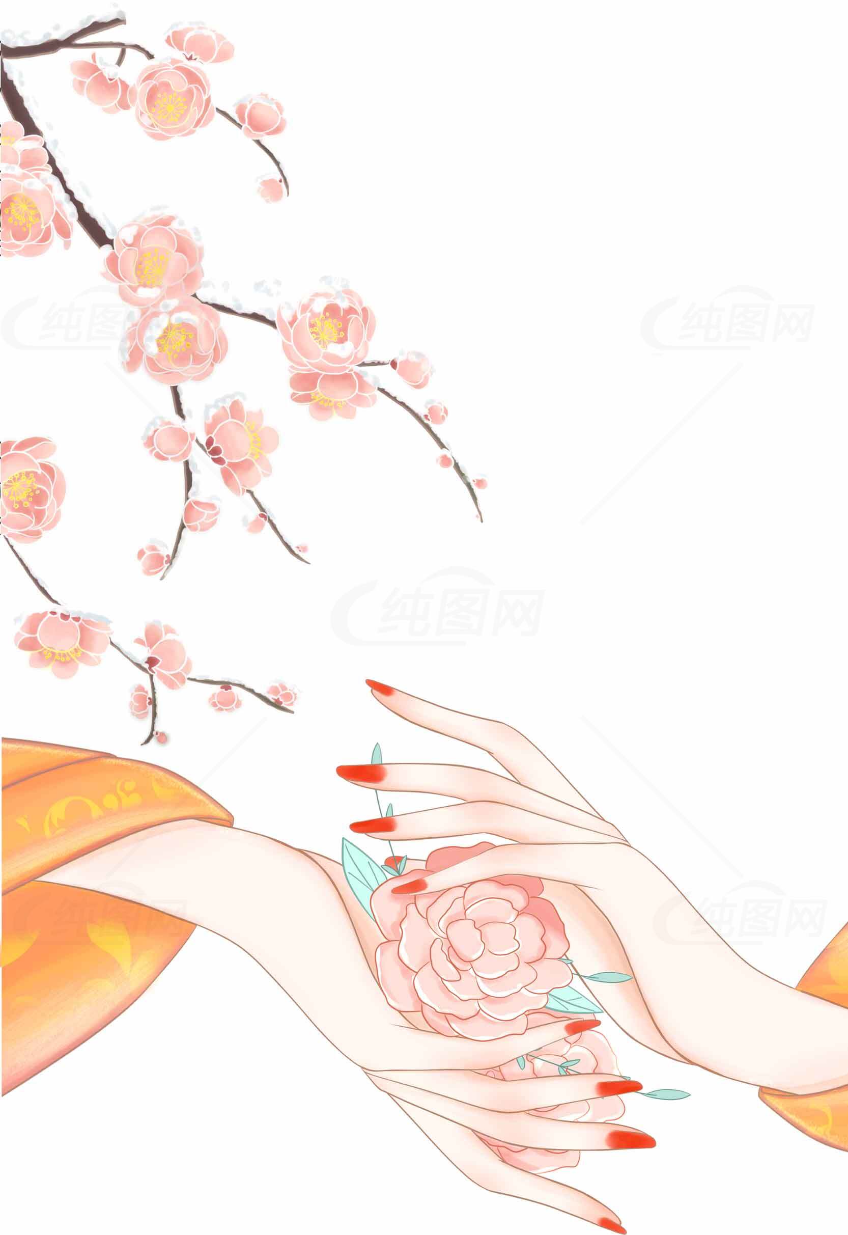 唯美插画：樱花与手的艺术之美素材