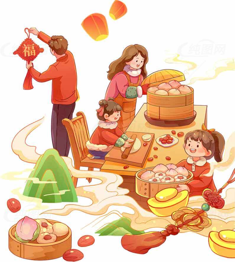 春节家庭团圆包饺子插画素材