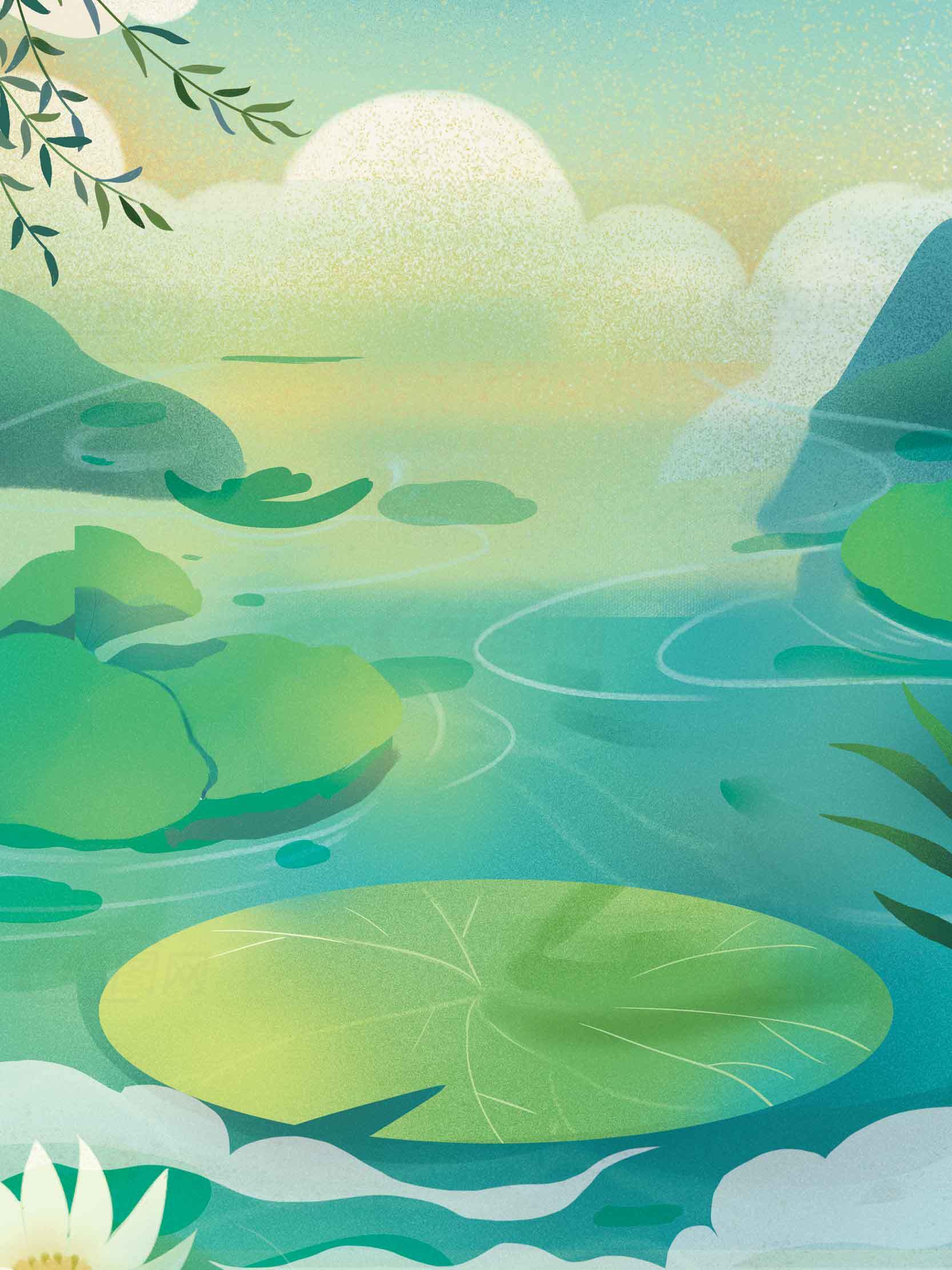 清新自然的荷塘风景插画背景素材
