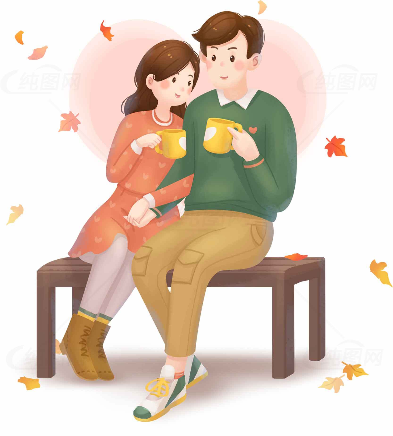 秋日情侣温馨插画：浪漫暖意满满的约会时光素材