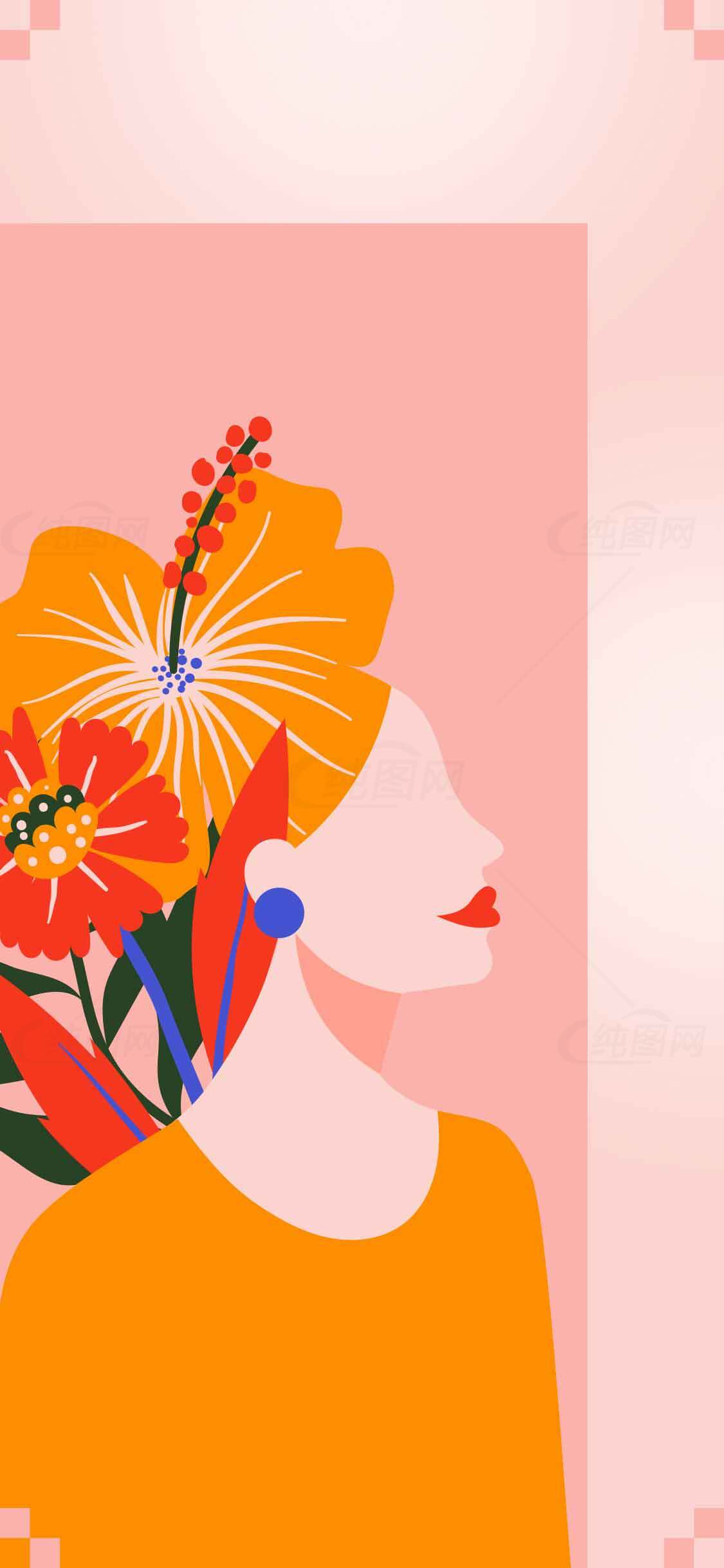 时尚插画风格女性肖像与花卉设计素材