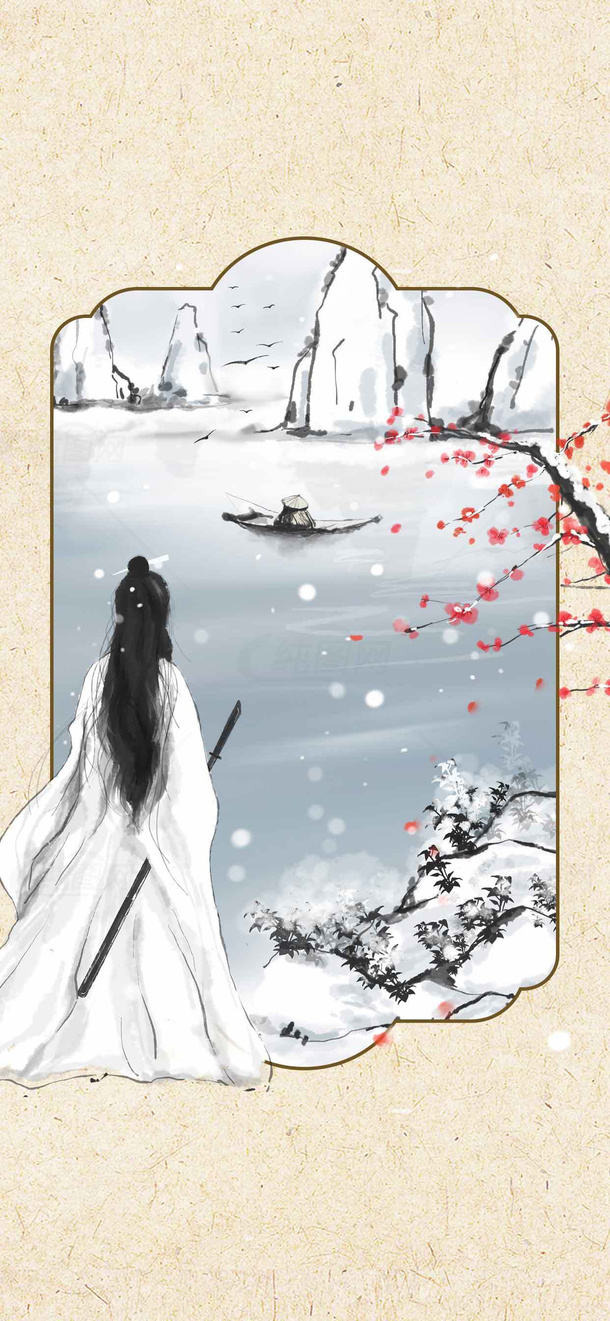 古风水墨画：雪中红梅与白衣剑客素材