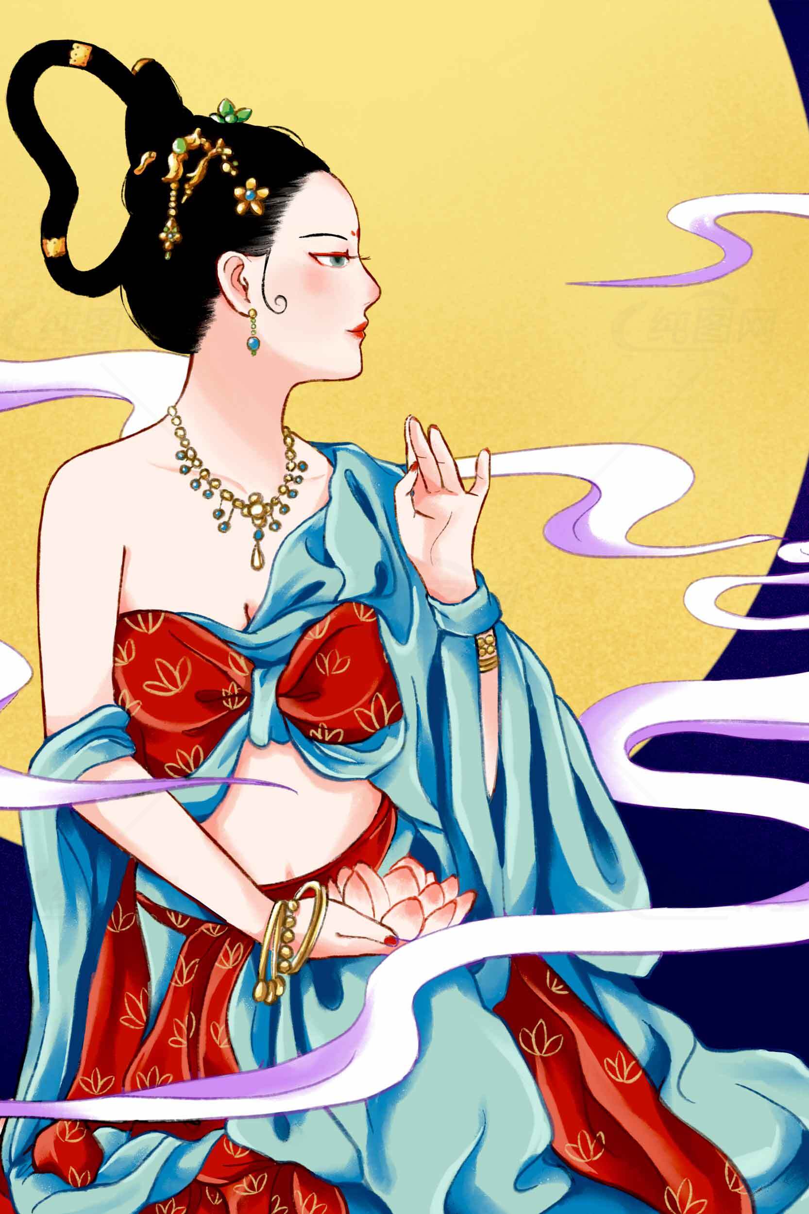 古风仕女插画：唯美月夜意境素材