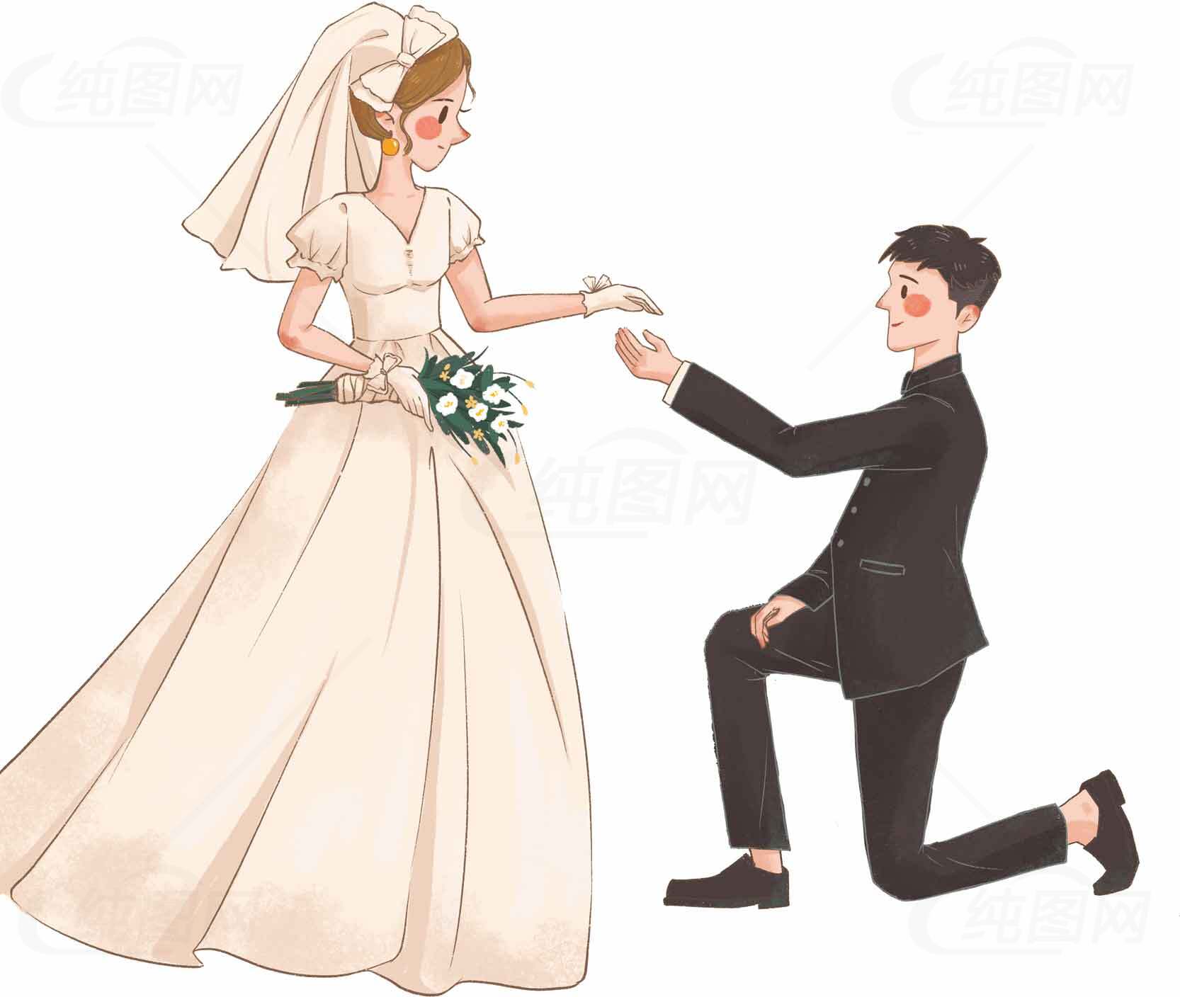 浪漫婚礼插画：新娘与新郎的幸福时刻素材