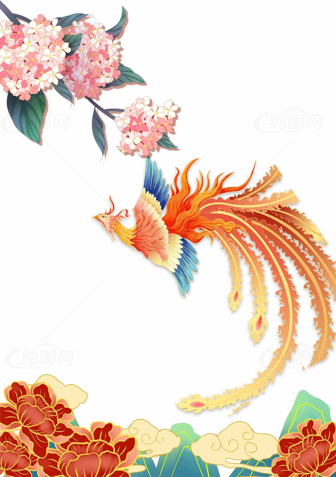 凤凰与花卉的唯美国风插画设计素材