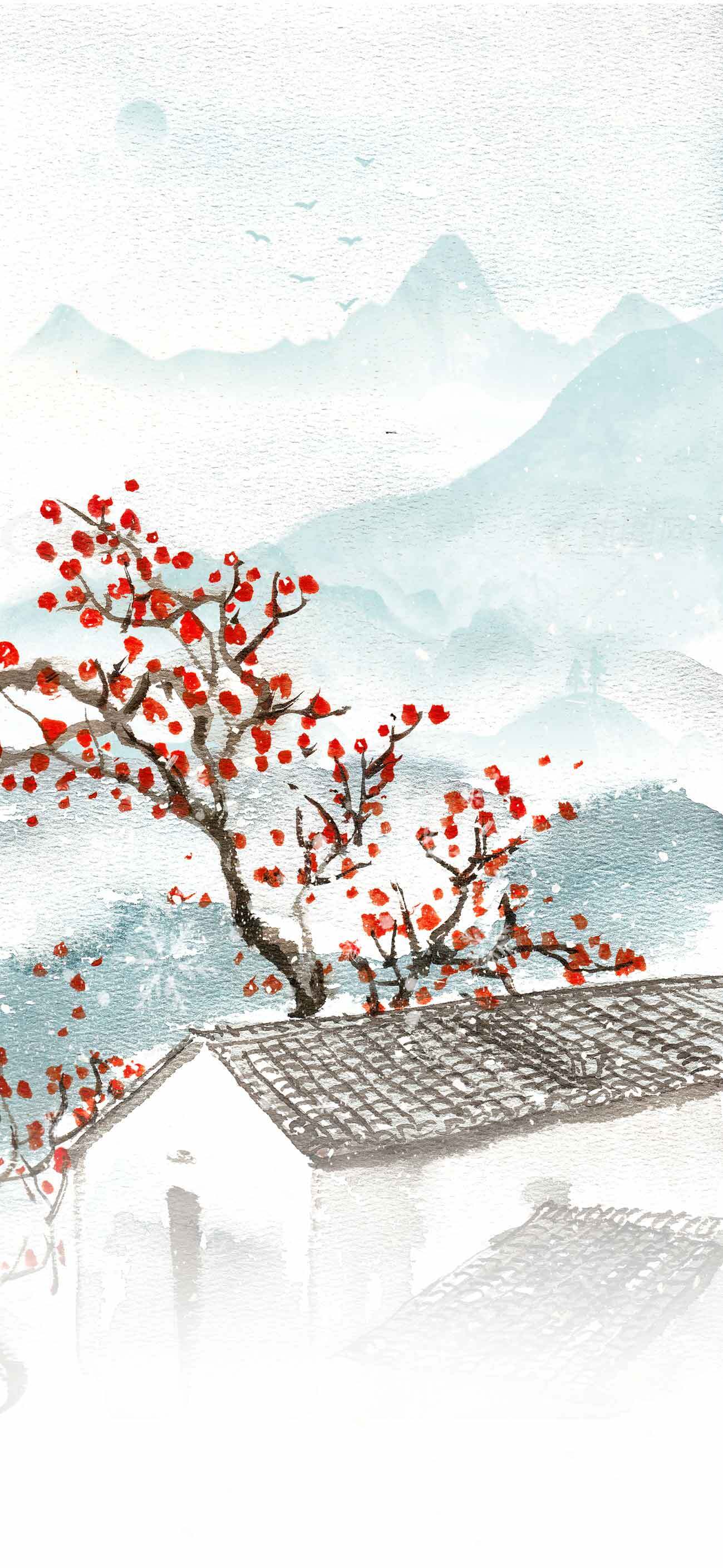 中国水墨画风格山水画：红梅与青山意境素材