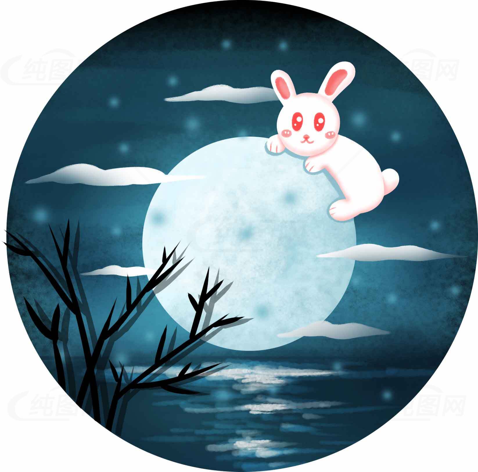 中秋节满月与可爱兔子插画图片素材
