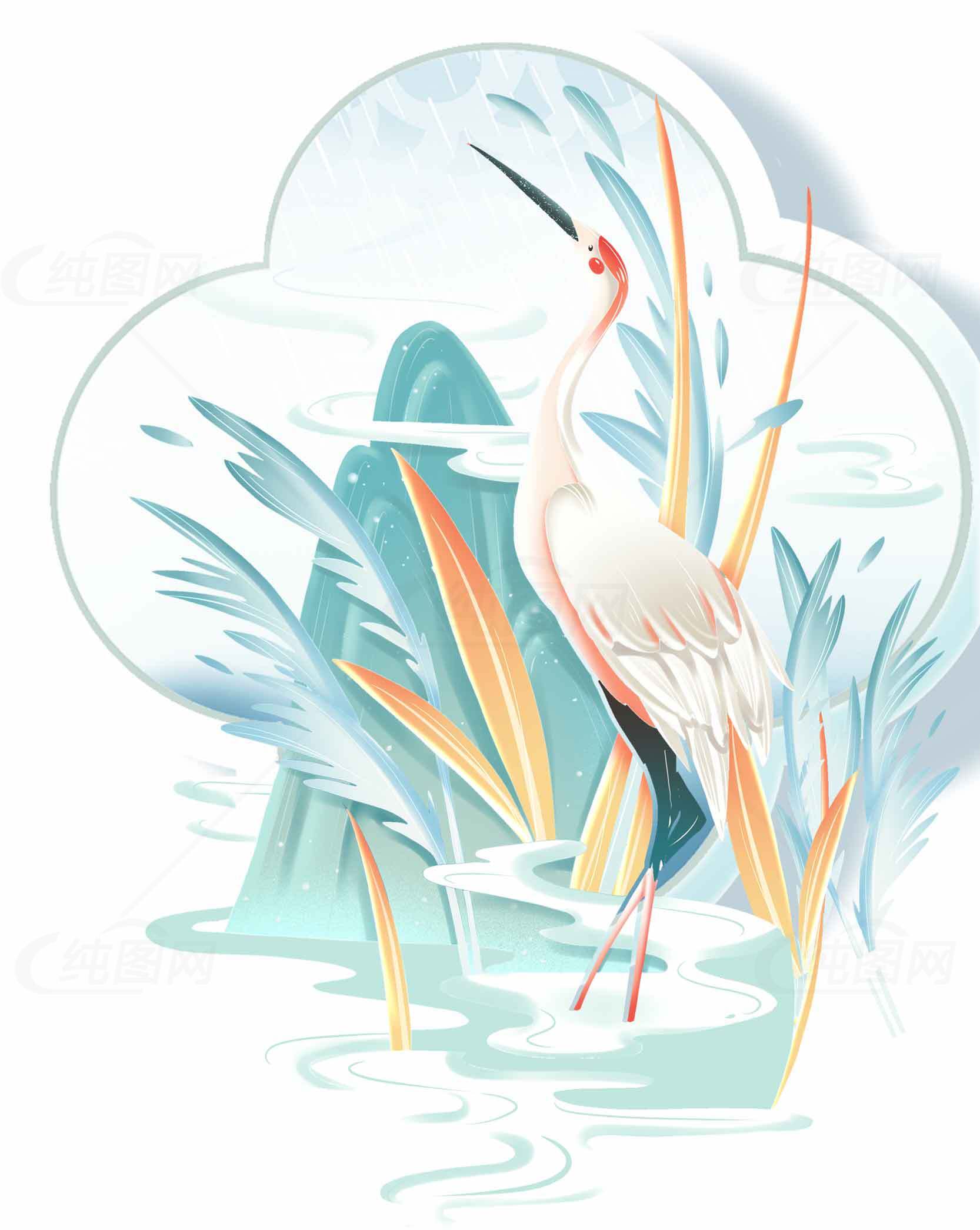 唯美水墨风丹顶鹤插画设计素材