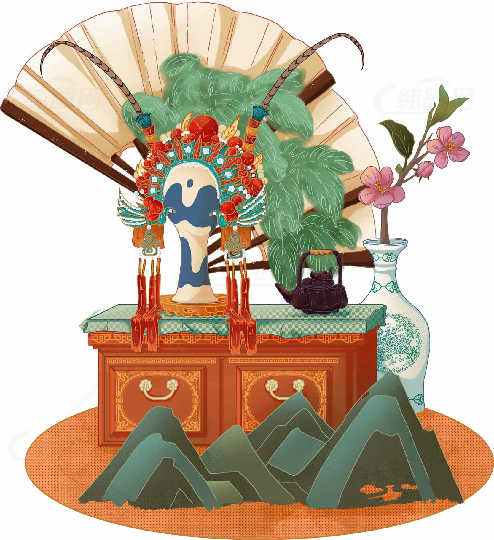中国传统文化插画：京剧头饰与山水元素素材