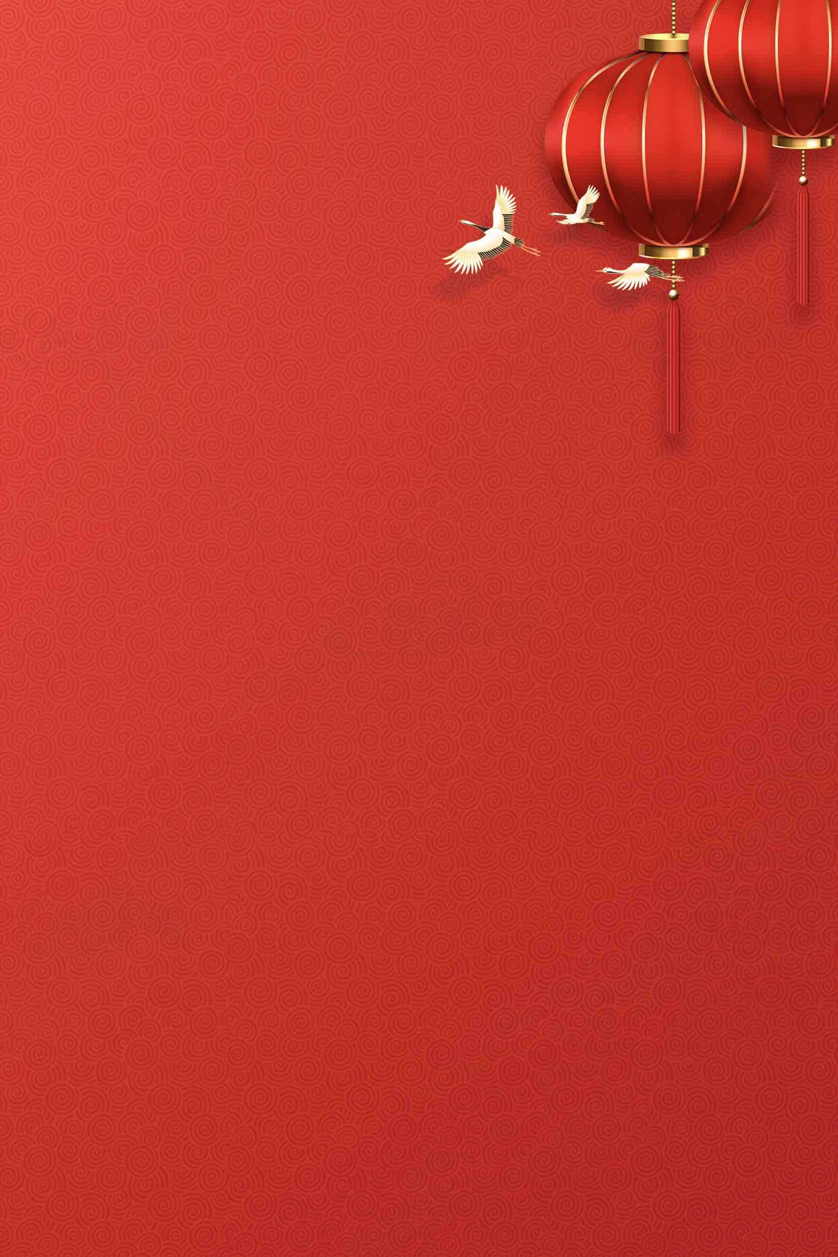 中国风红色背景图片-灯笼与飞鹤设计素材