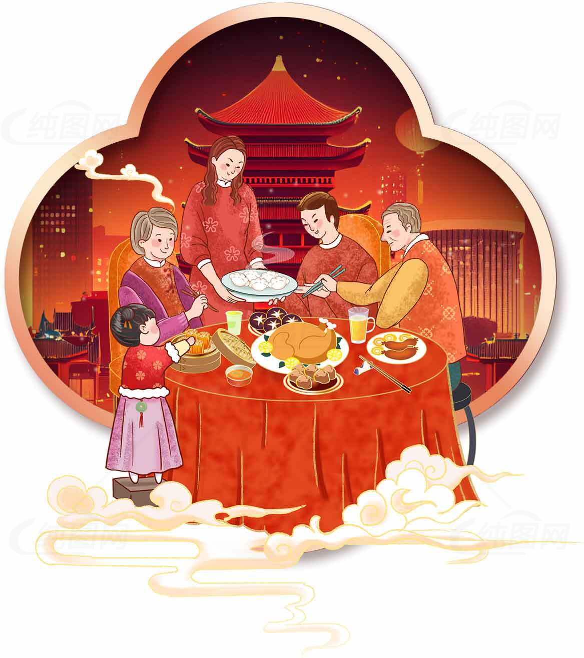 团圆饭与传统春节氛围插画素材