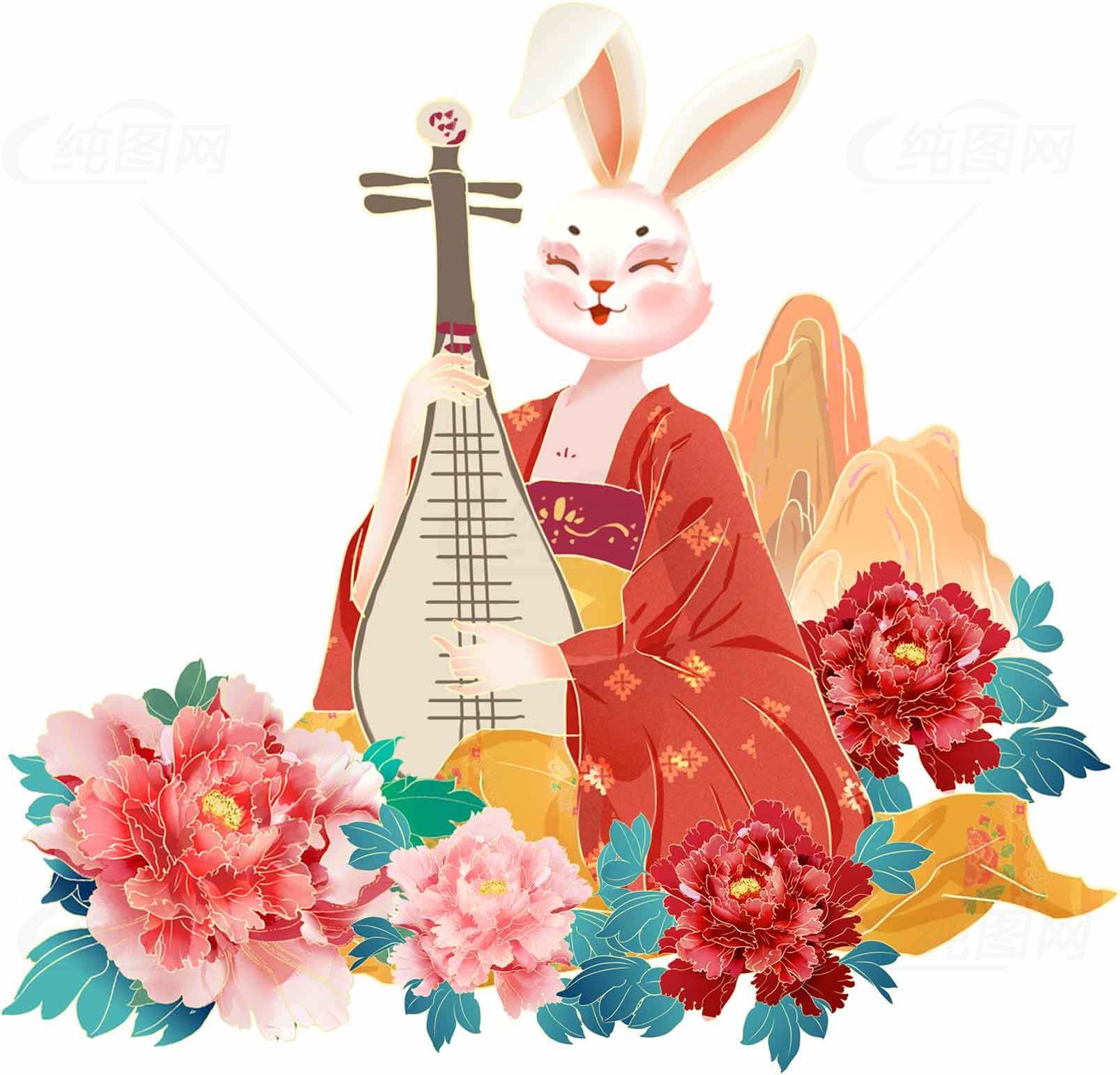 中秋兔子与琵琶插画设计素材