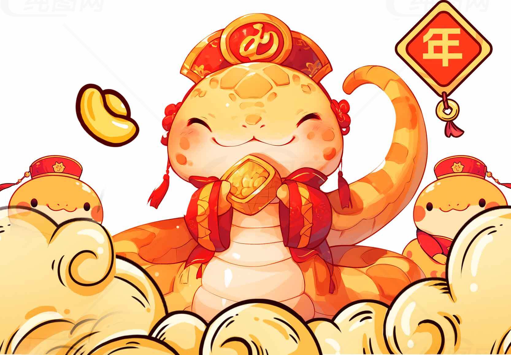 可爱蛇年新年插画：金蛇贺岁迎福气素材