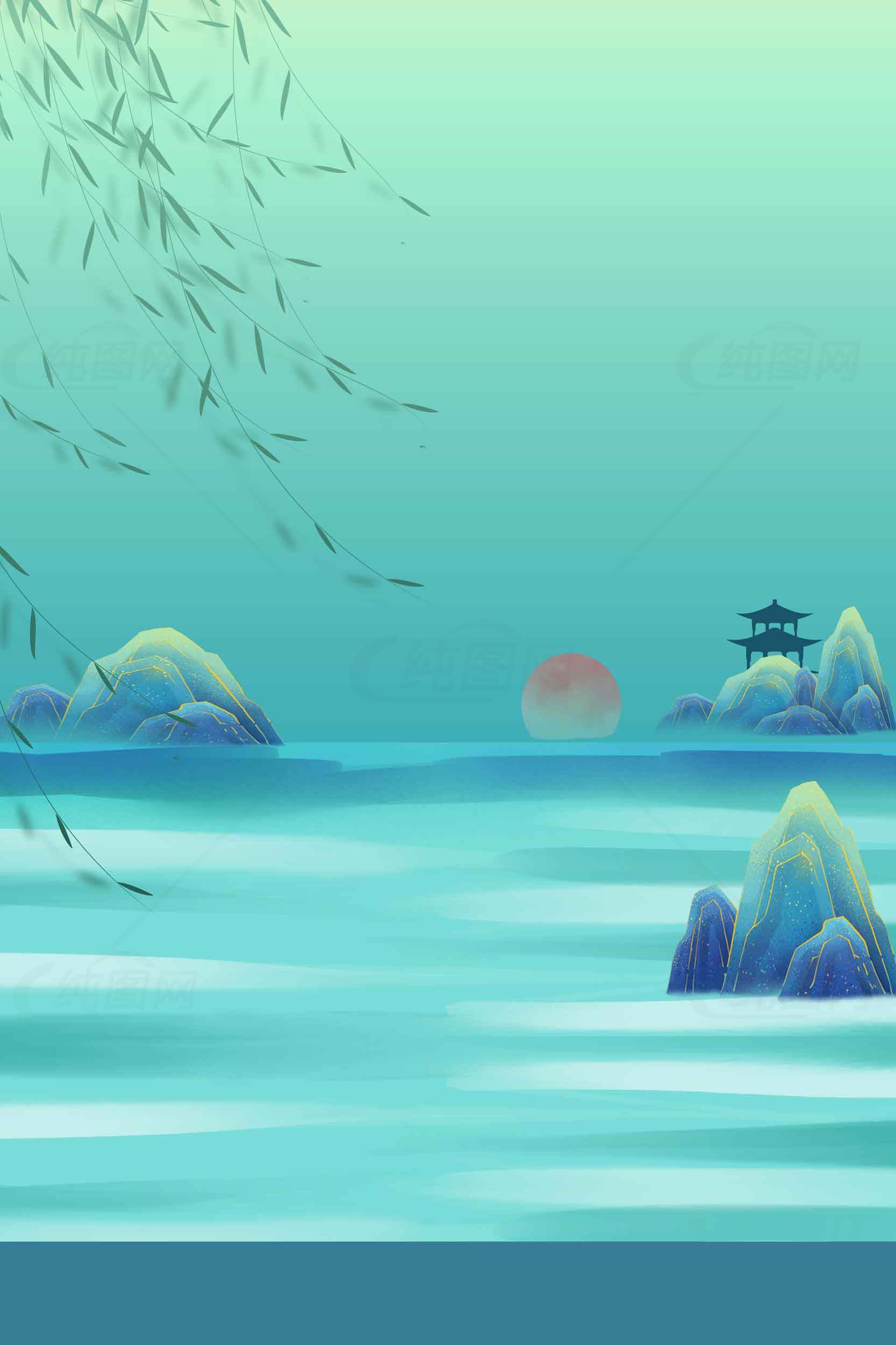 东方美学中国风山水画：静谧山峰与日出意境素材