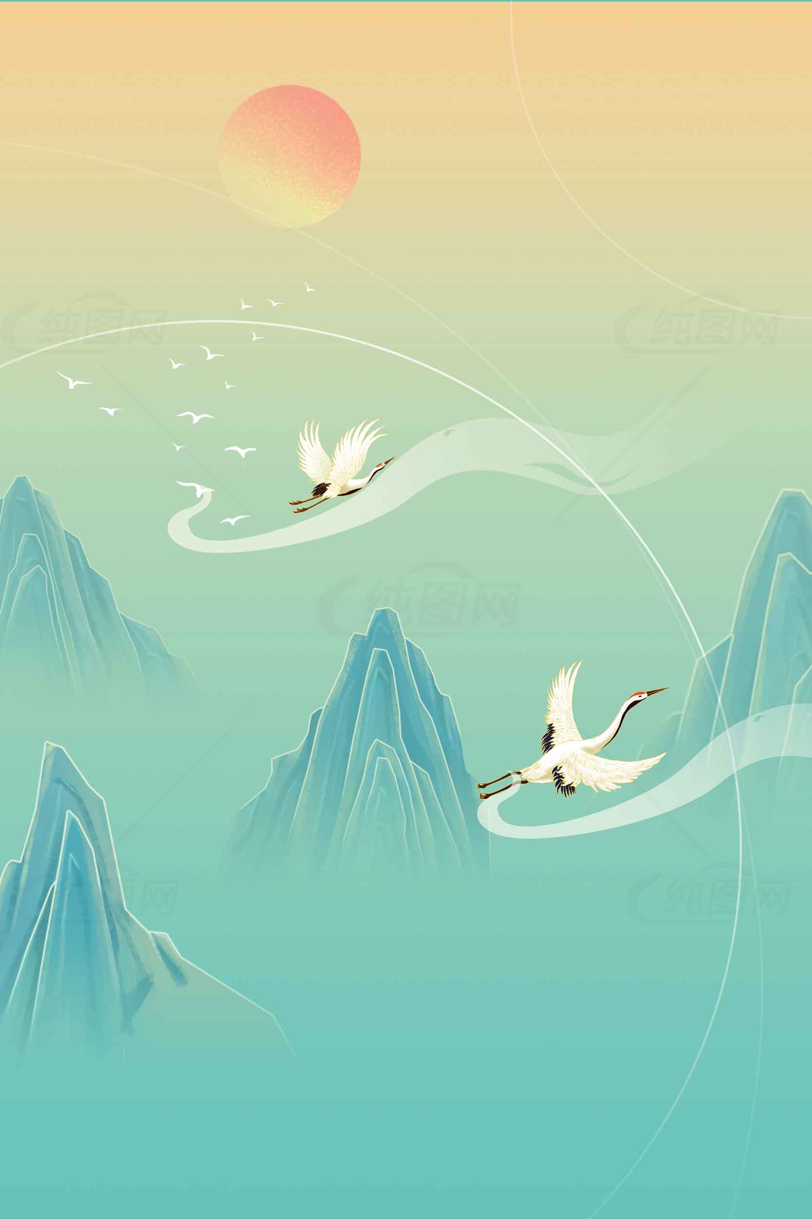 唯美山水仙鹤插画背景图片素材