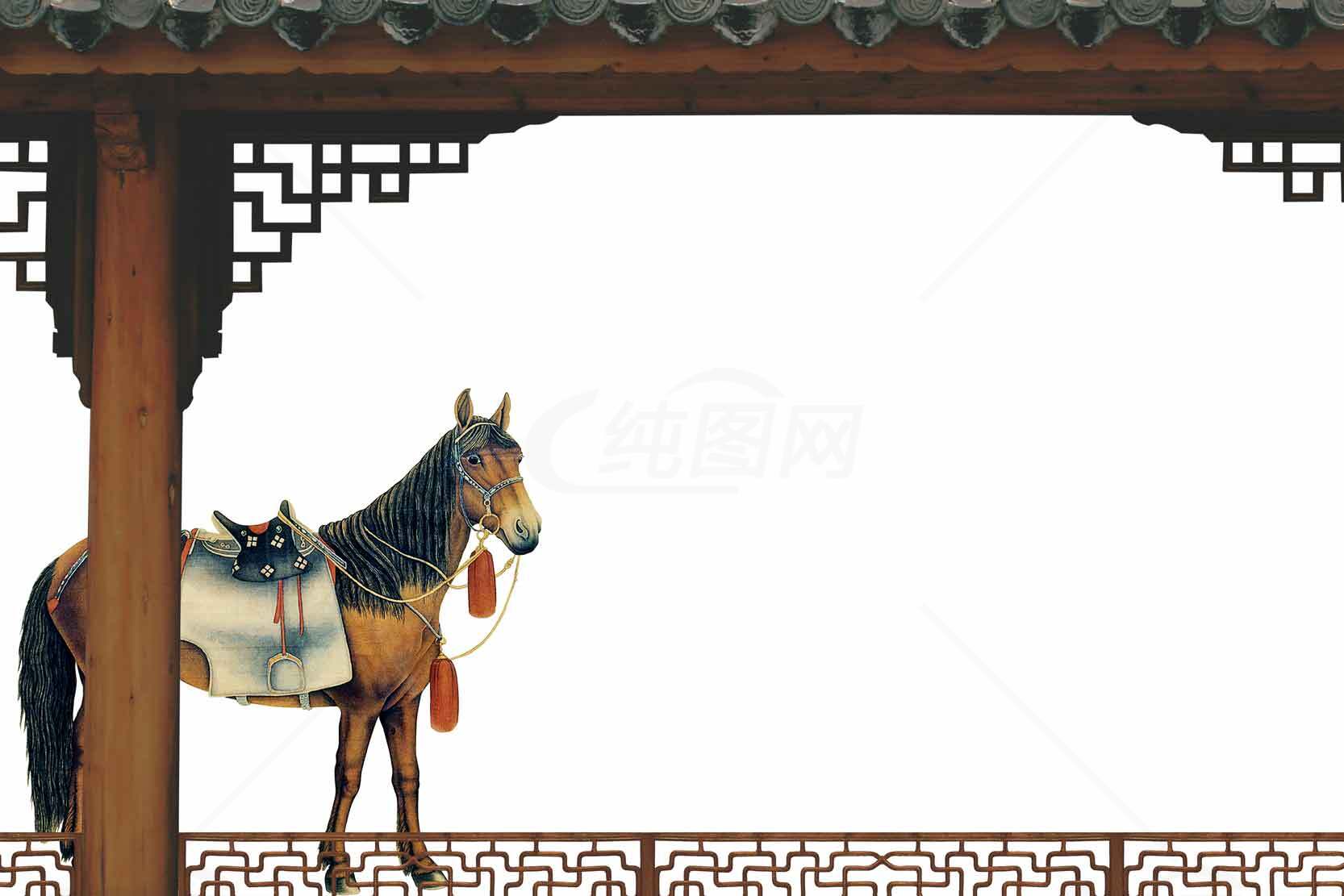 古风庭院中的马匹意境图素材