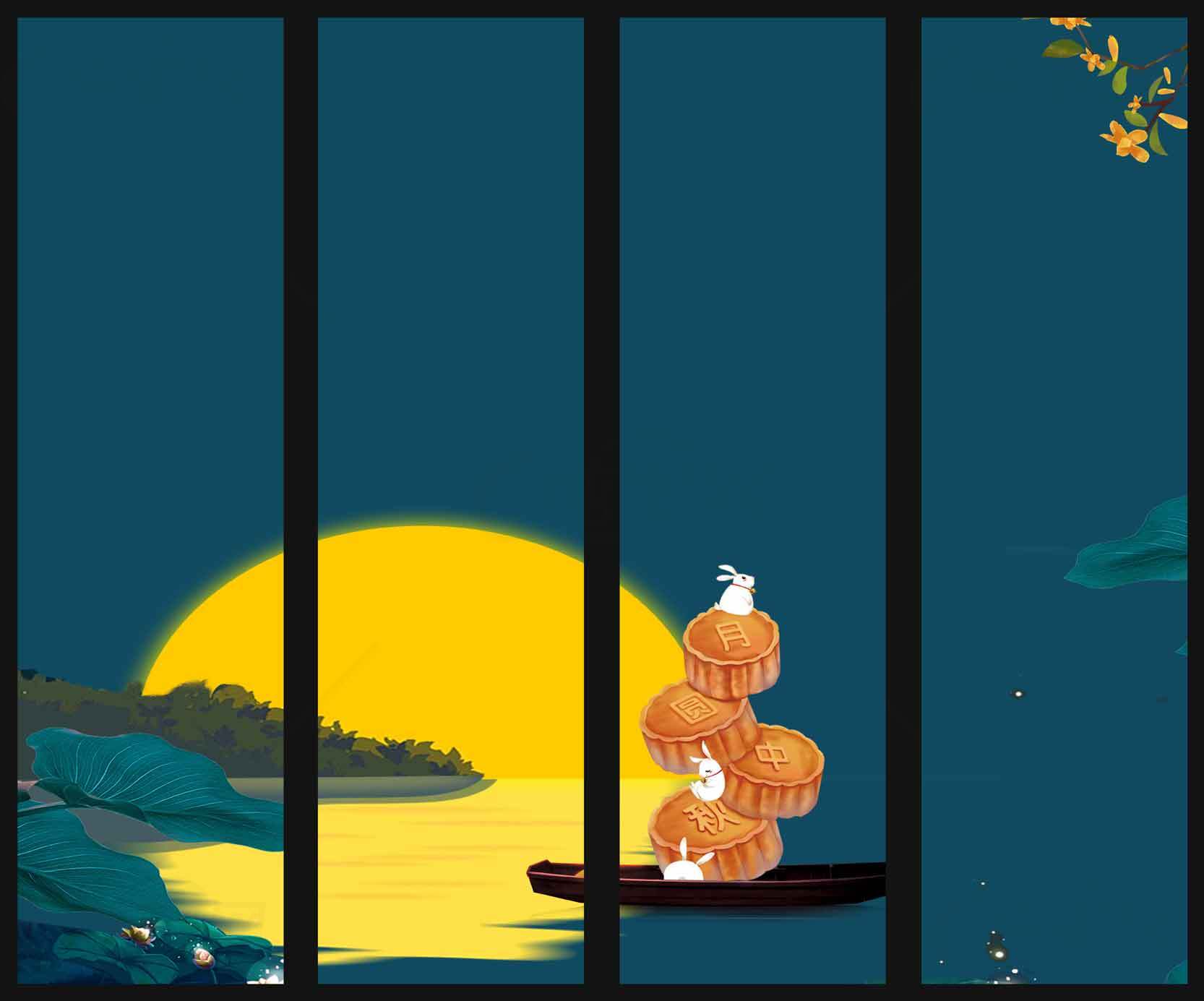 中秋节月夜湖上赏月意境图素材