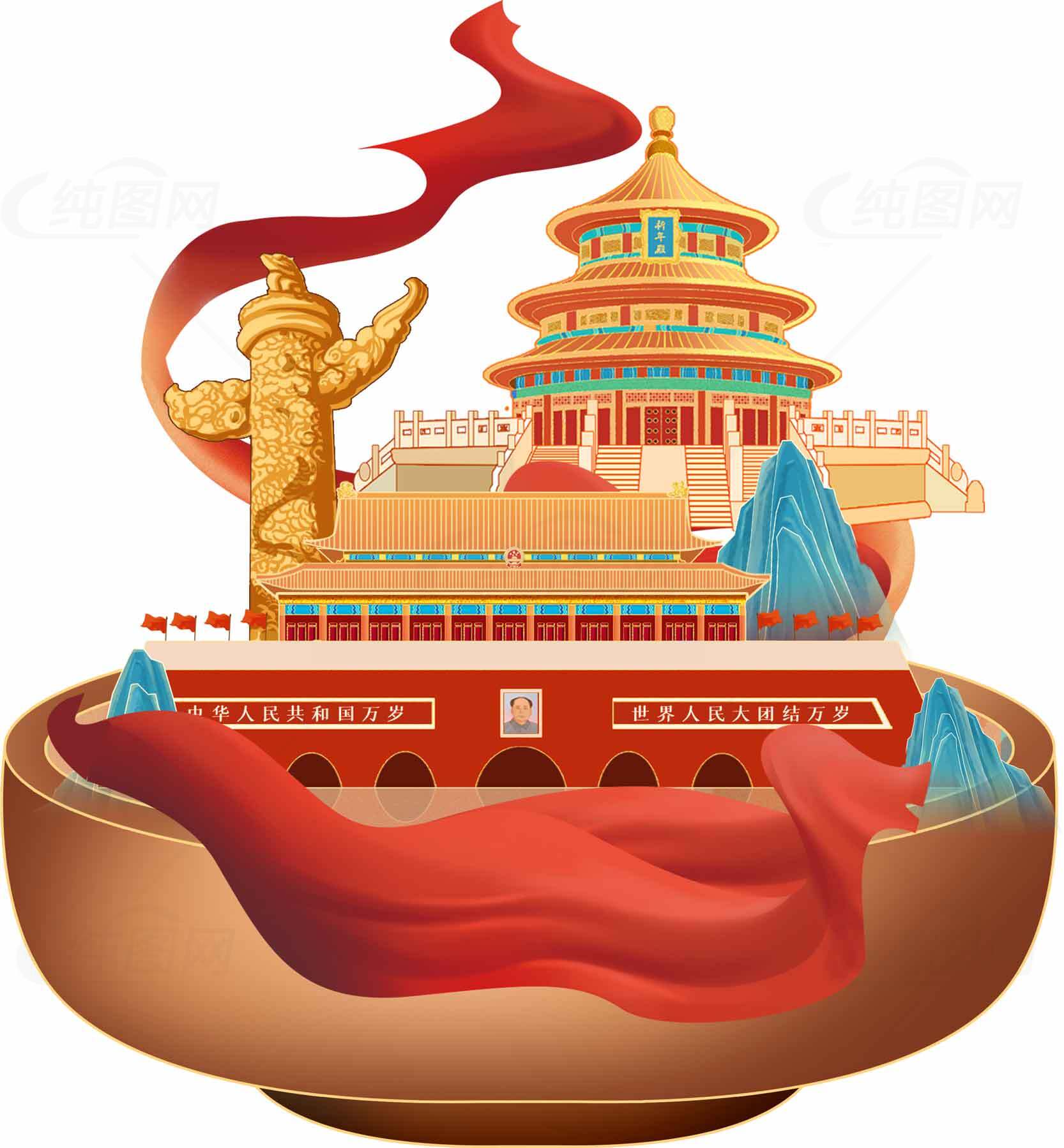 中国传统文化元素插画：天安门与华表素材