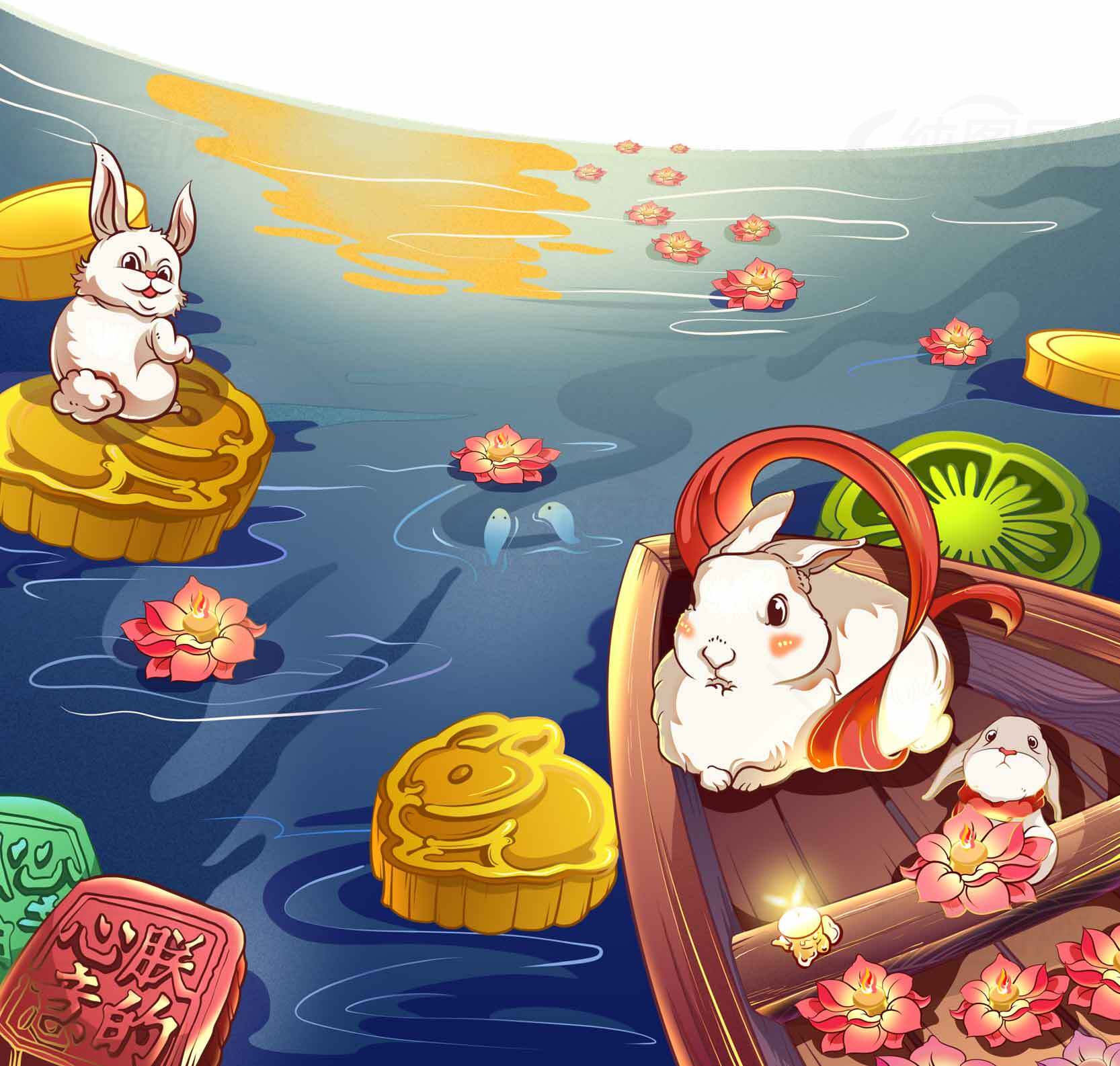 中秋节兔子与月饼插画唯美意境素材