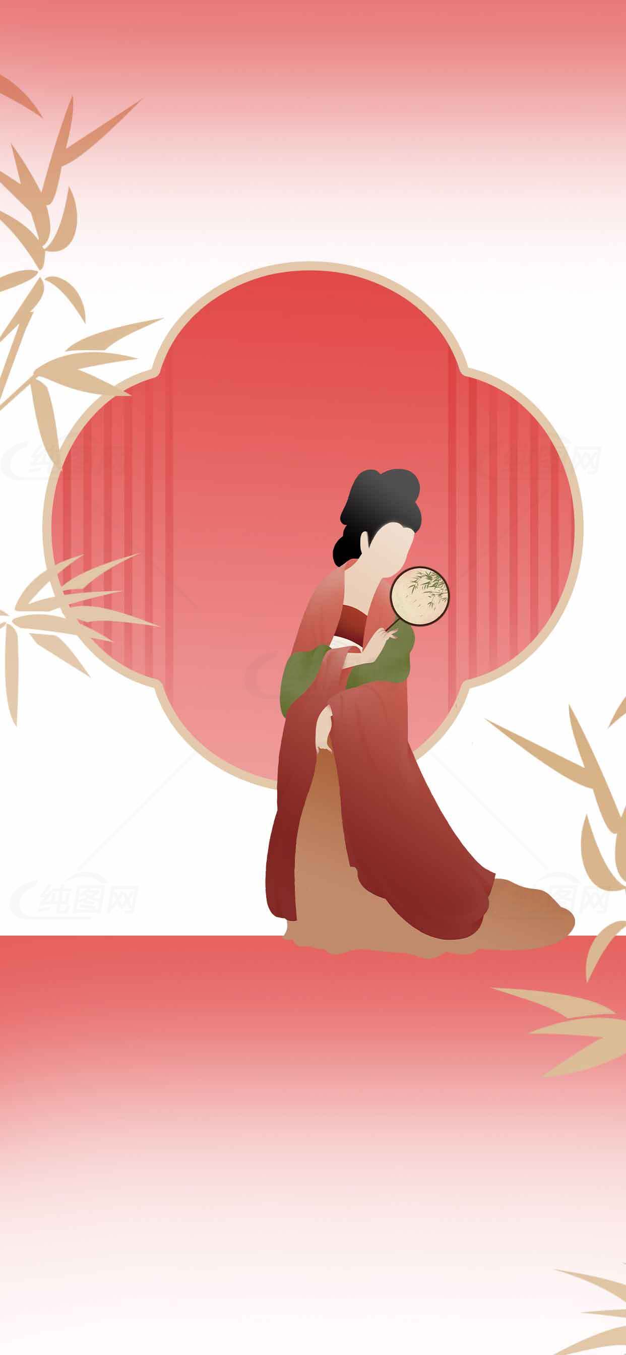 古风插画唯美仕女图：红色背景与竹叶点缀素材