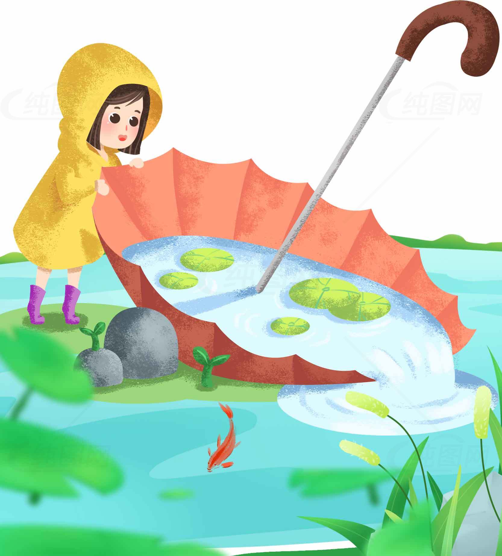 雨天童趣：红色雨伞与池塘的创意插画素材