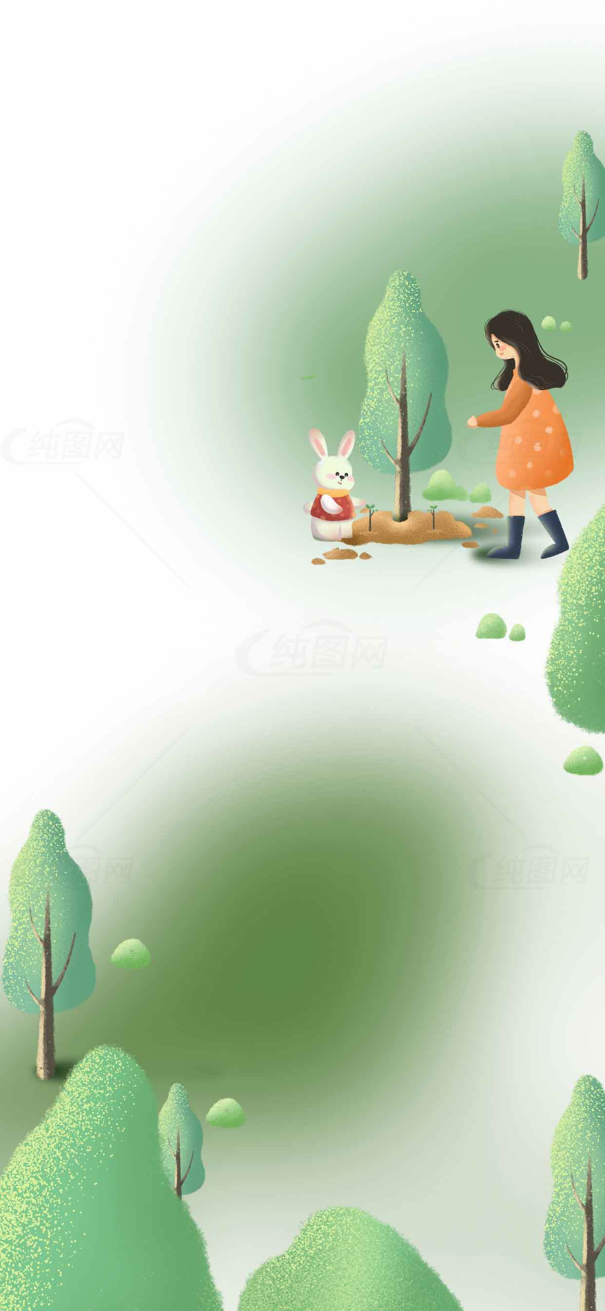 森林中的女孩与兔子插画背景素材