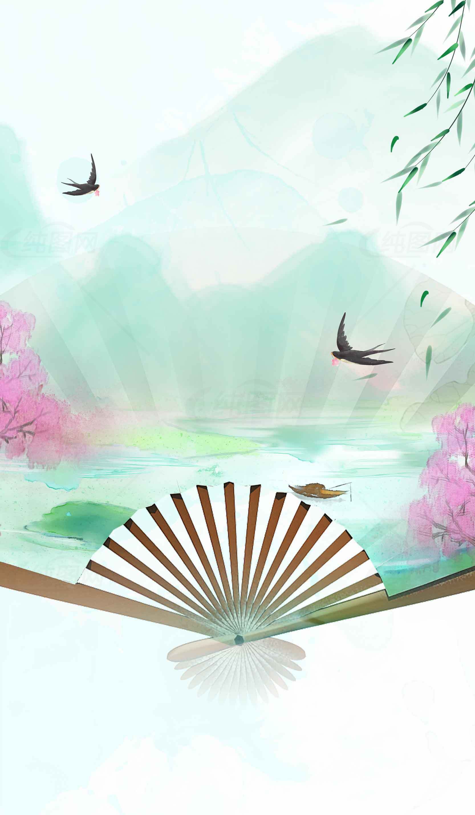 东方美学水墨画风格背景图——扇子与山水意境素材